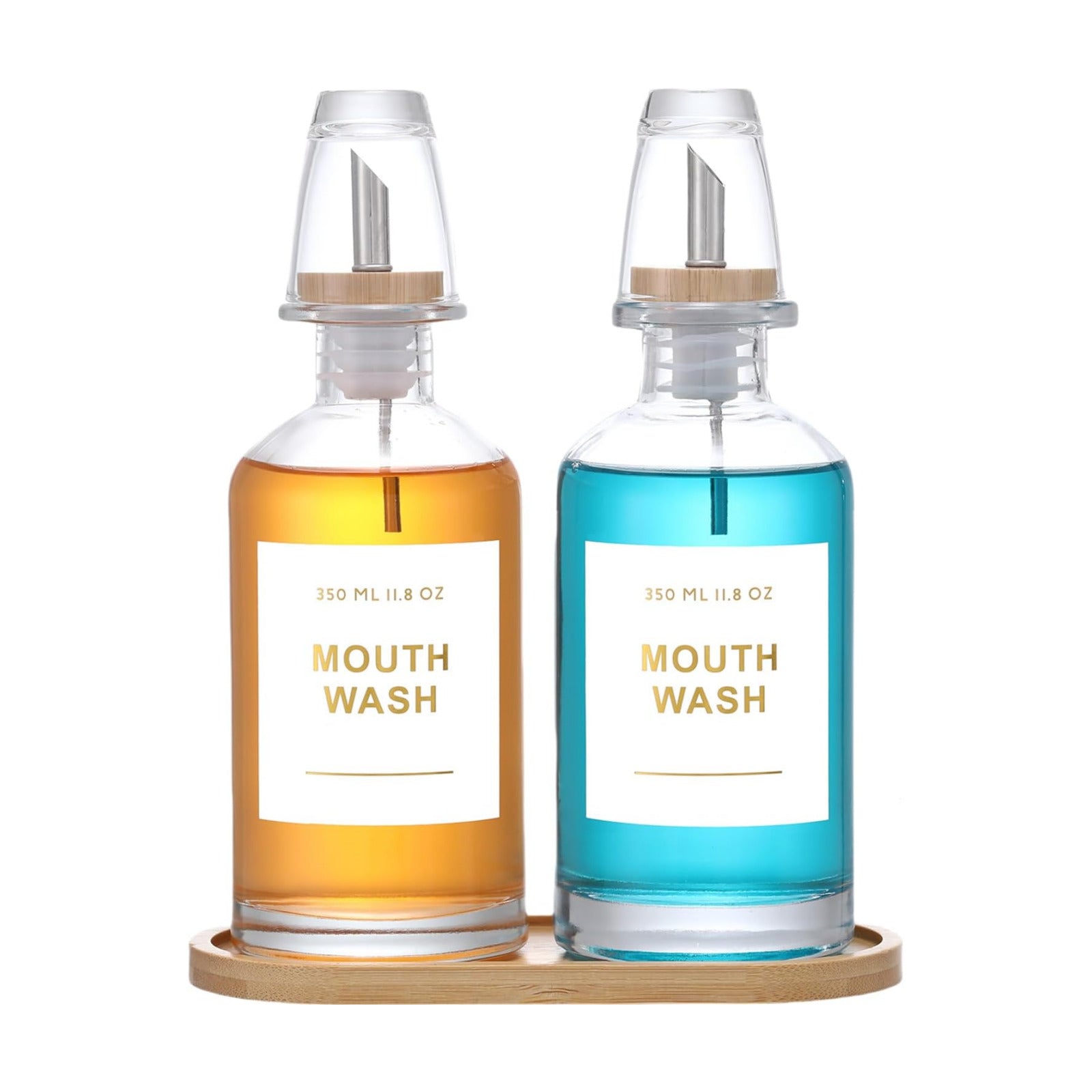 11.8OZ Glass Mouthwash Dispenser, Set of 2, Clear | Stainless Steel & Bamboo Nozzle, Reusable Mouthwash Cup, Bamboo