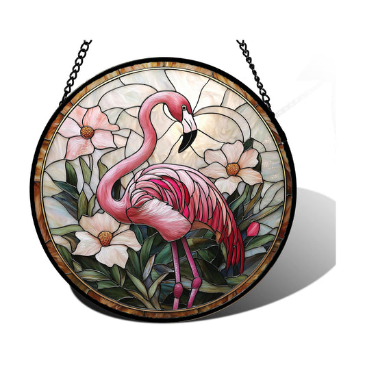 Pink Flamingo Flower Stained Glass Window Hanging Suncatcher Gifts 6.3"