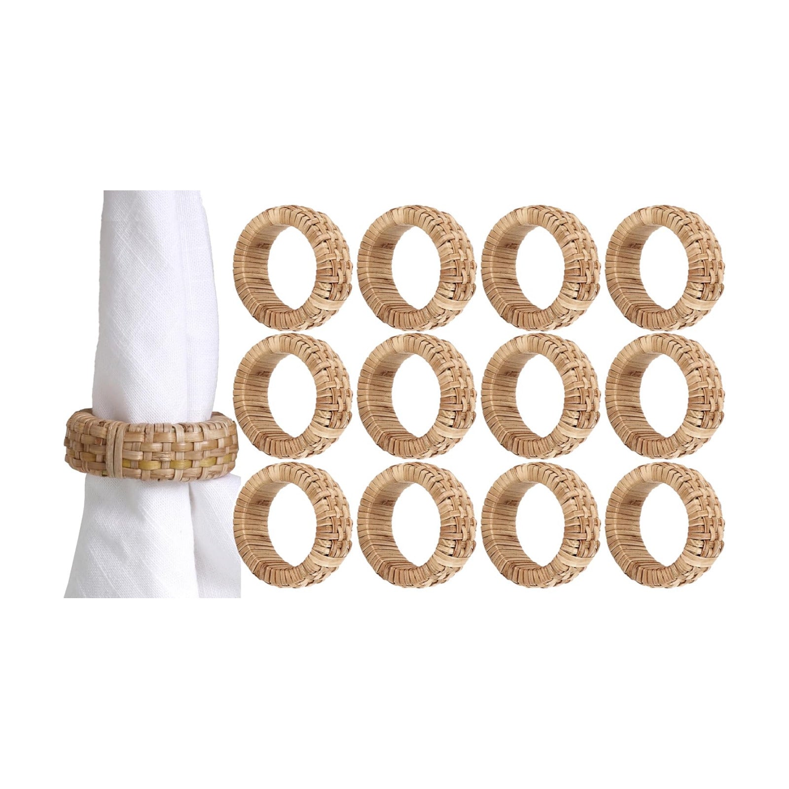 Jute Rattan Napkin Rings, Set of 12, Farmhouse Natural | 2.25x2.25x0.5 in each, plastic & natural cane blend