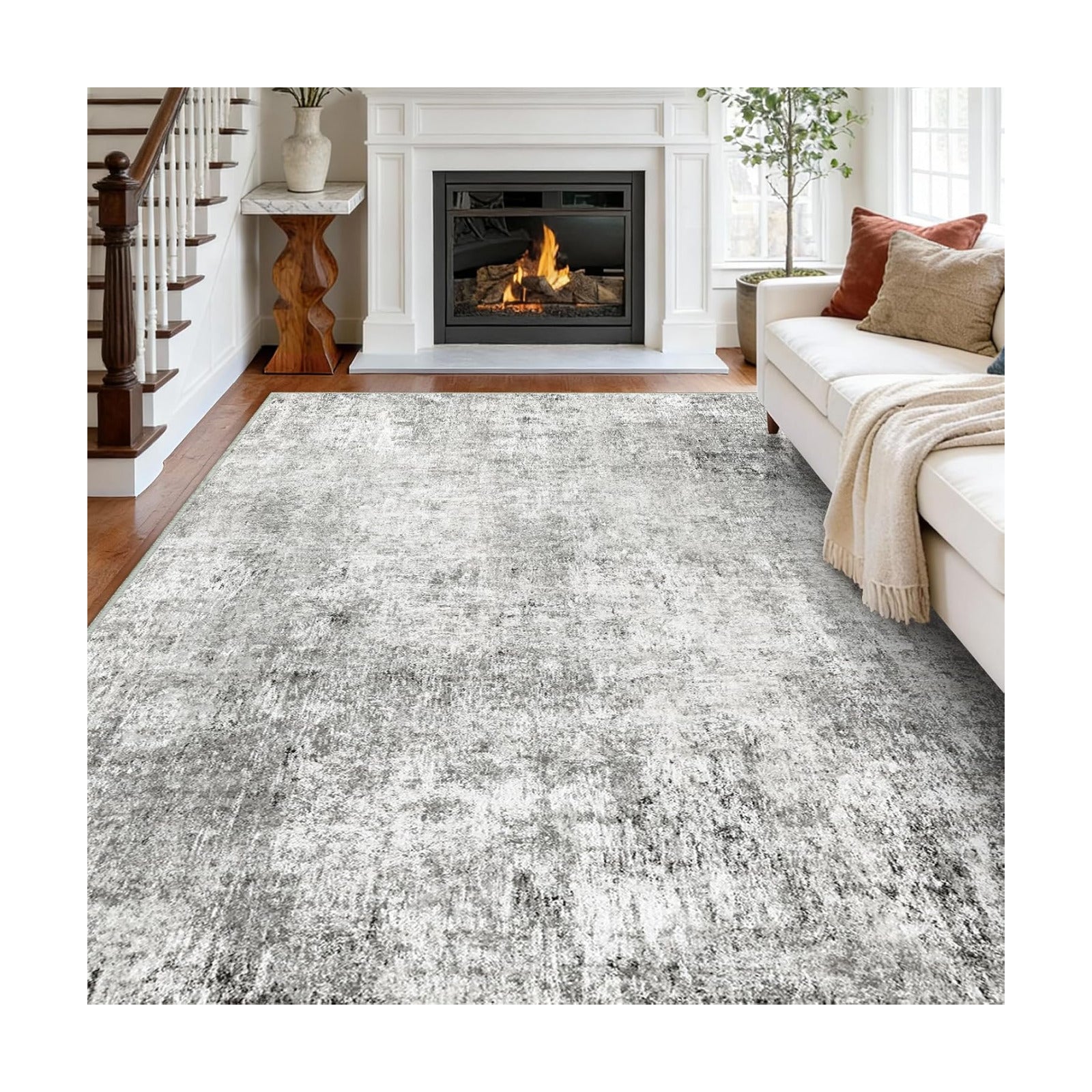 RELEANY Washable 9'x12' Abstract Area Rug for Living Room Gray White