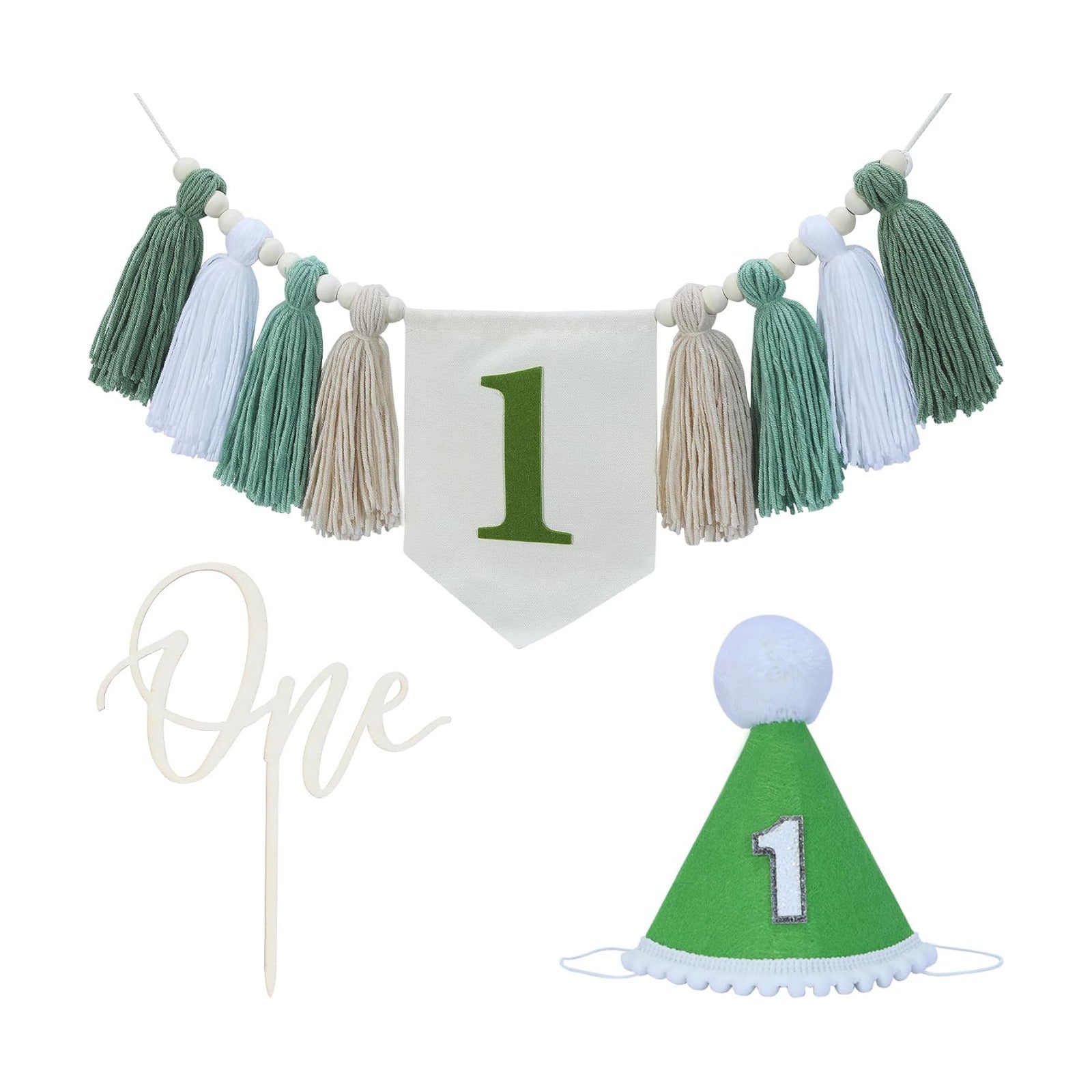 Wood Bead Tassel Garland Banner for Baby 1st Party / Green