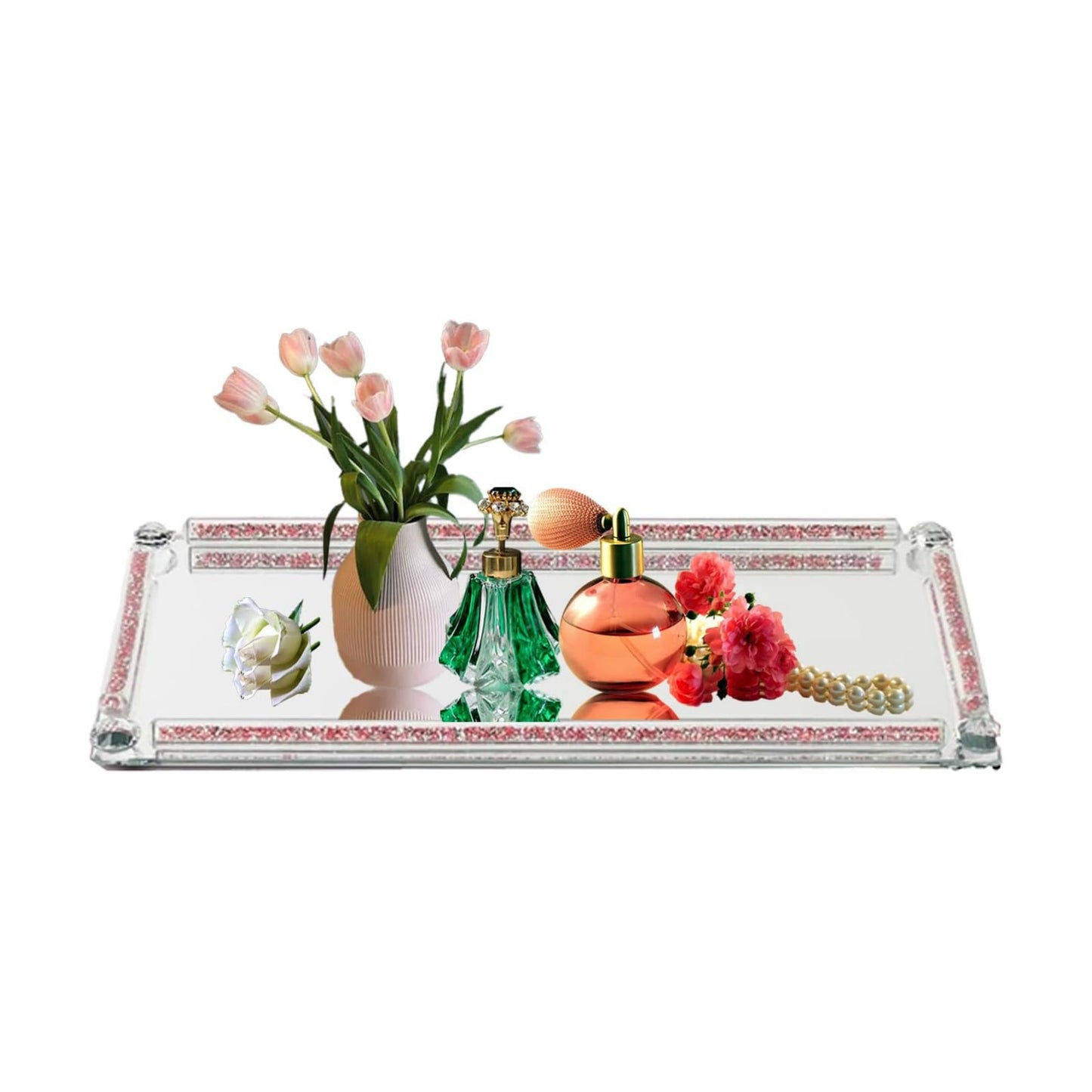 Crystal Glass Perfume Tray for Dresser Cosmetic Trinket Jewelry Vanity Trays / Rose Red B