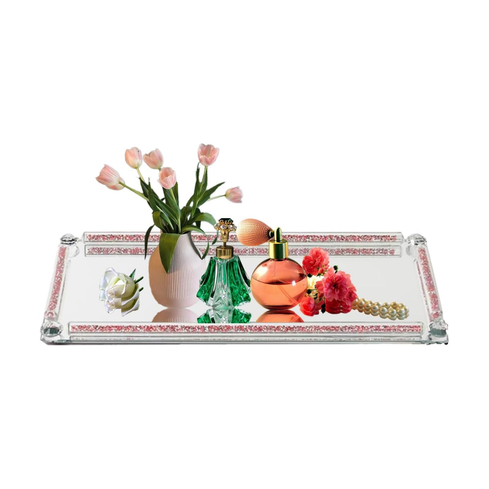Crystal Glass Perfume Tray for Dresser Cosmetic Trinket Jewelry Vanity Trays / Rose Red B