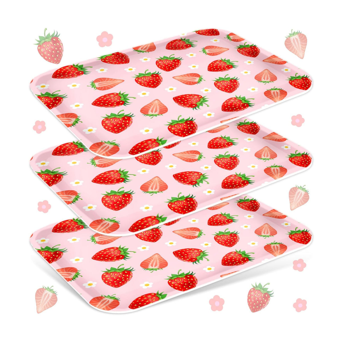 JarThenaAMCS 3Pcs Strawberry Serving Trays Red Pink Berry Flower Platter Cute Fruit Serving Dishes for Birthday Baby Shower Party Sharing Snacks Fruit Dessert Candy