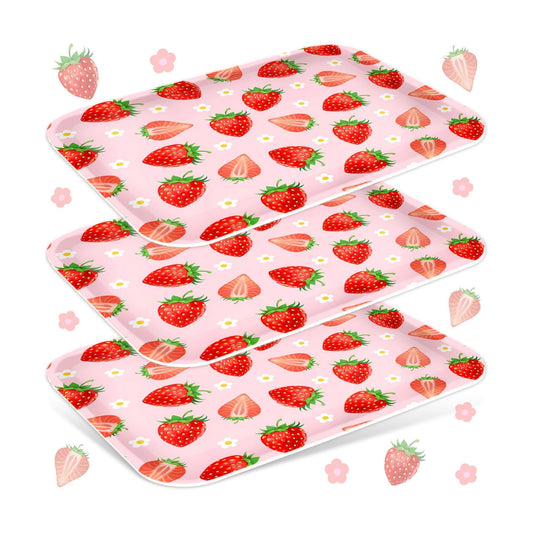 JarThenaAMCS 3Pcs Strawberry Serving Trays Red Pink Berry Flower Platter Cute Fruit Serving Dishes for Birthday Baby Shower Party Sharing Snacks Fruit Dessert Candy