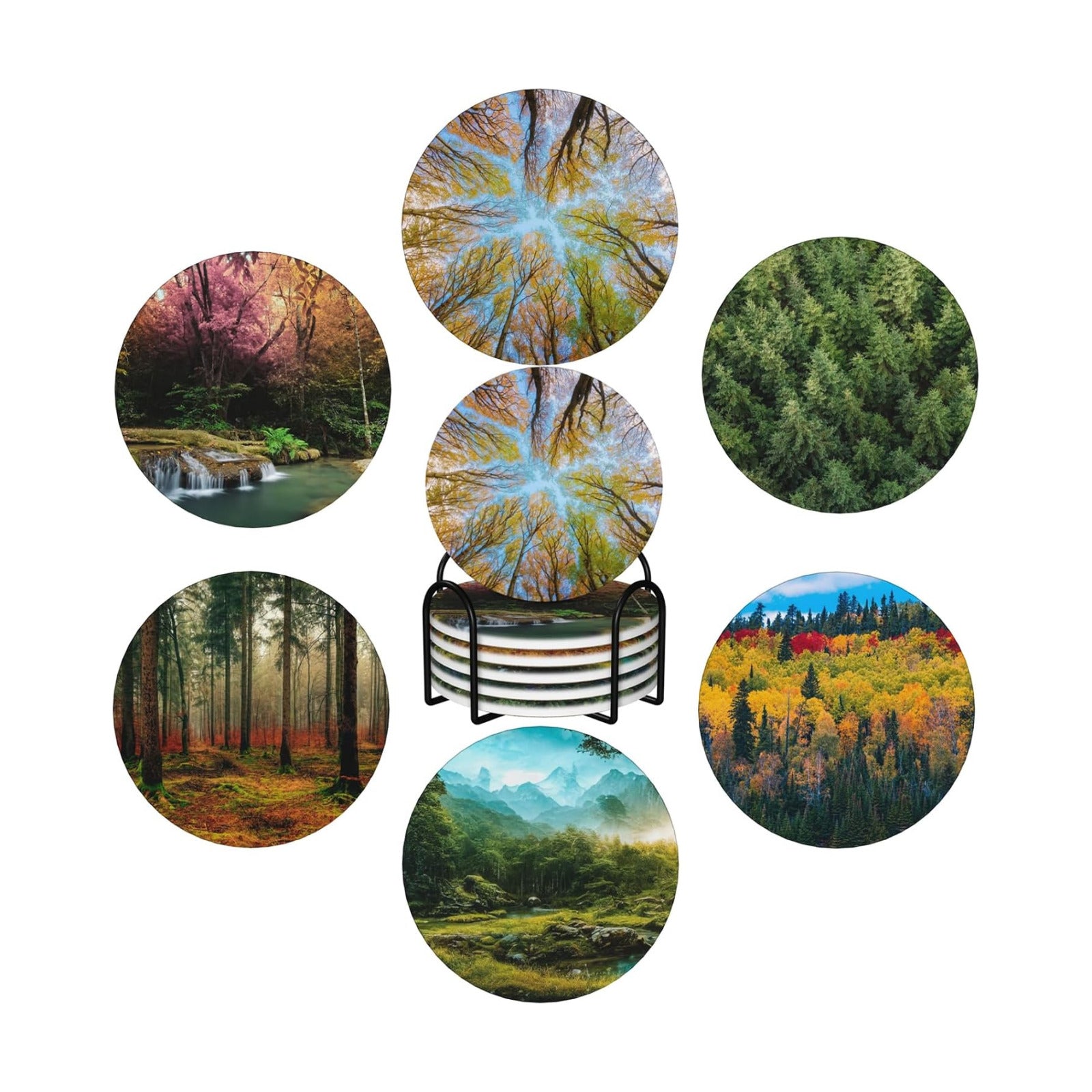 Absorbent Ceramic Coasters for Drinks / Forest Secrets / Set of 6