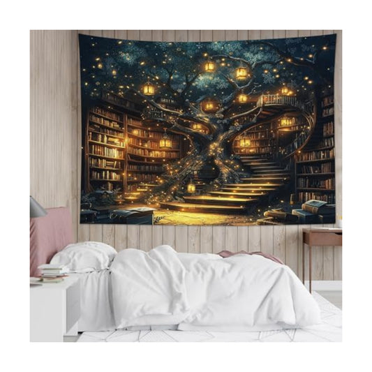 HVEST Fantasy Library Bookshelf Tapestry Wall Hanging Fairytale Tree Magic Bookshelf Tapestry Aesthetic Retro Vintage Tapestries for Bedroom Living Room Dorm, 51L x 59W Inches