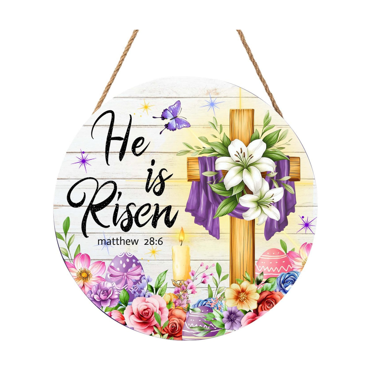 Harooni Easter Decorative Sign, 12x12in Modern Wooden Door Mount, Pastel, Bright, He is Risen, Twine, Rope