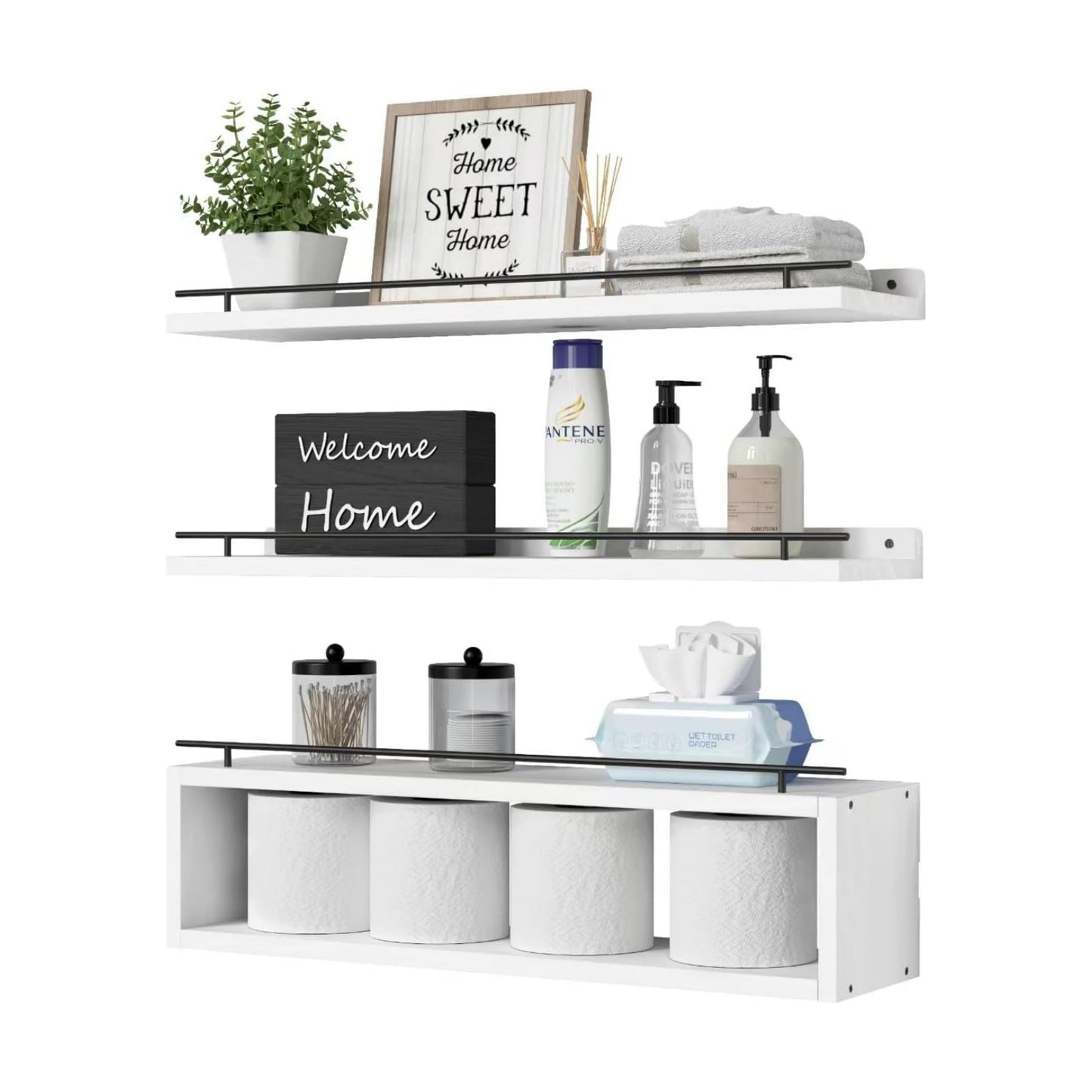 Floating Shelves for Wall 24 inch with Cube Shelf, Wall Shelves with Metal Rail for Bathroom Decor, Bathroom Organizers
