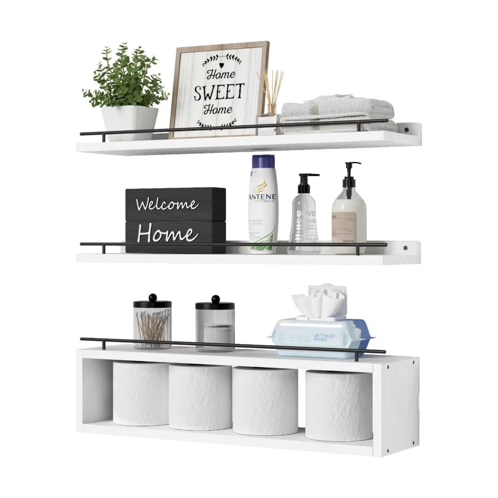 Floating Shelves for Wall 24 inch with Cube Shelf, Wall Shelves with Metal Rail for Bathroom Decor, Bathroom Organizers
