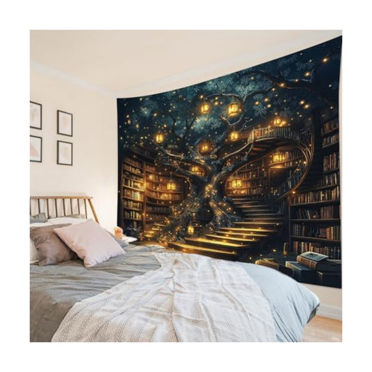 HVEST Fantasy Library Bookshelf Wall Tapestry Fairytale Tree Magic Bookshelf Tapestry Wall Hanging Retro Vintage Tapestries for Classroom Study Room Bedroom Living Room Dorm, 70.9L x 92.5W Inches