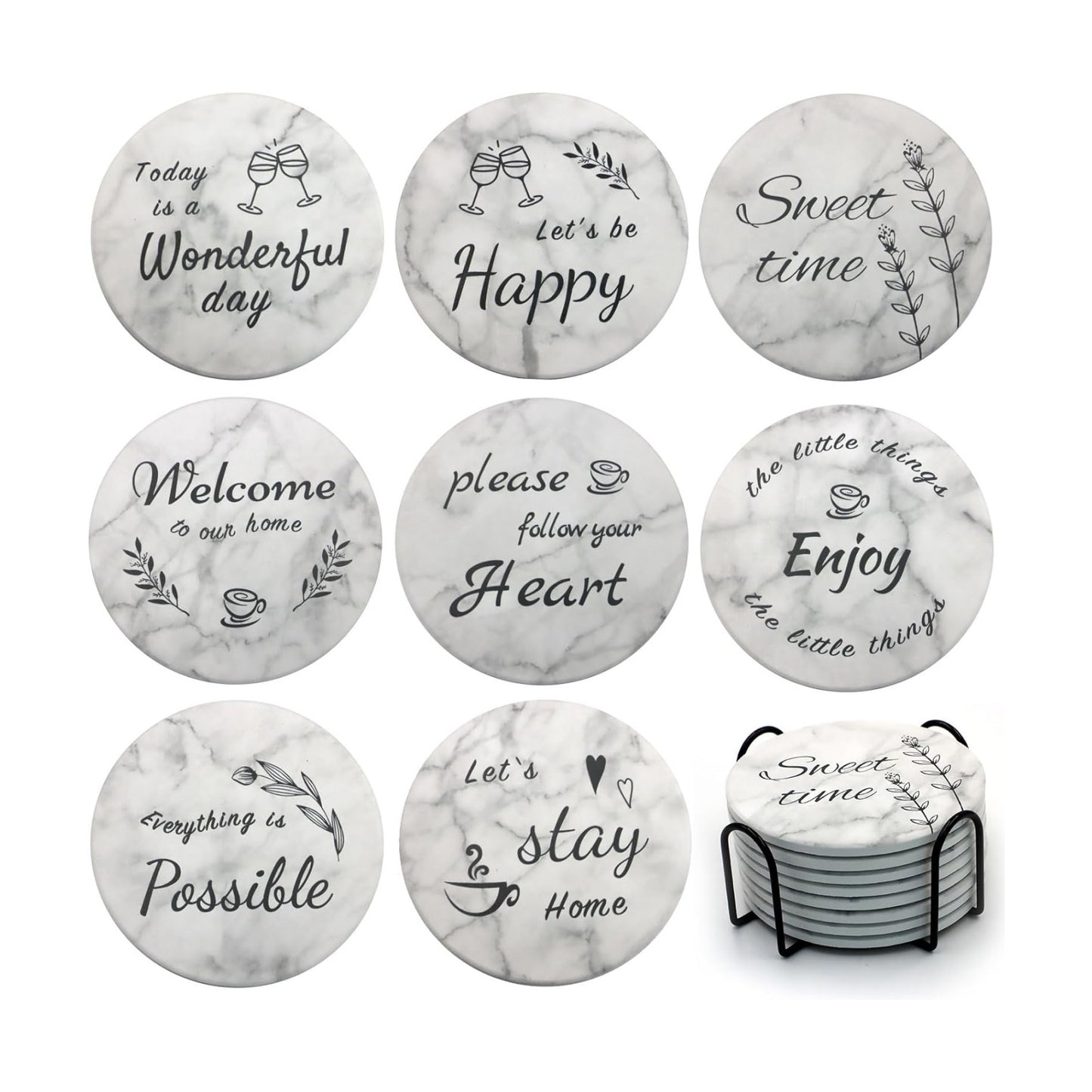 Holder / Round Marble Style Absorbent Farmhouse Coaster / Set of 8