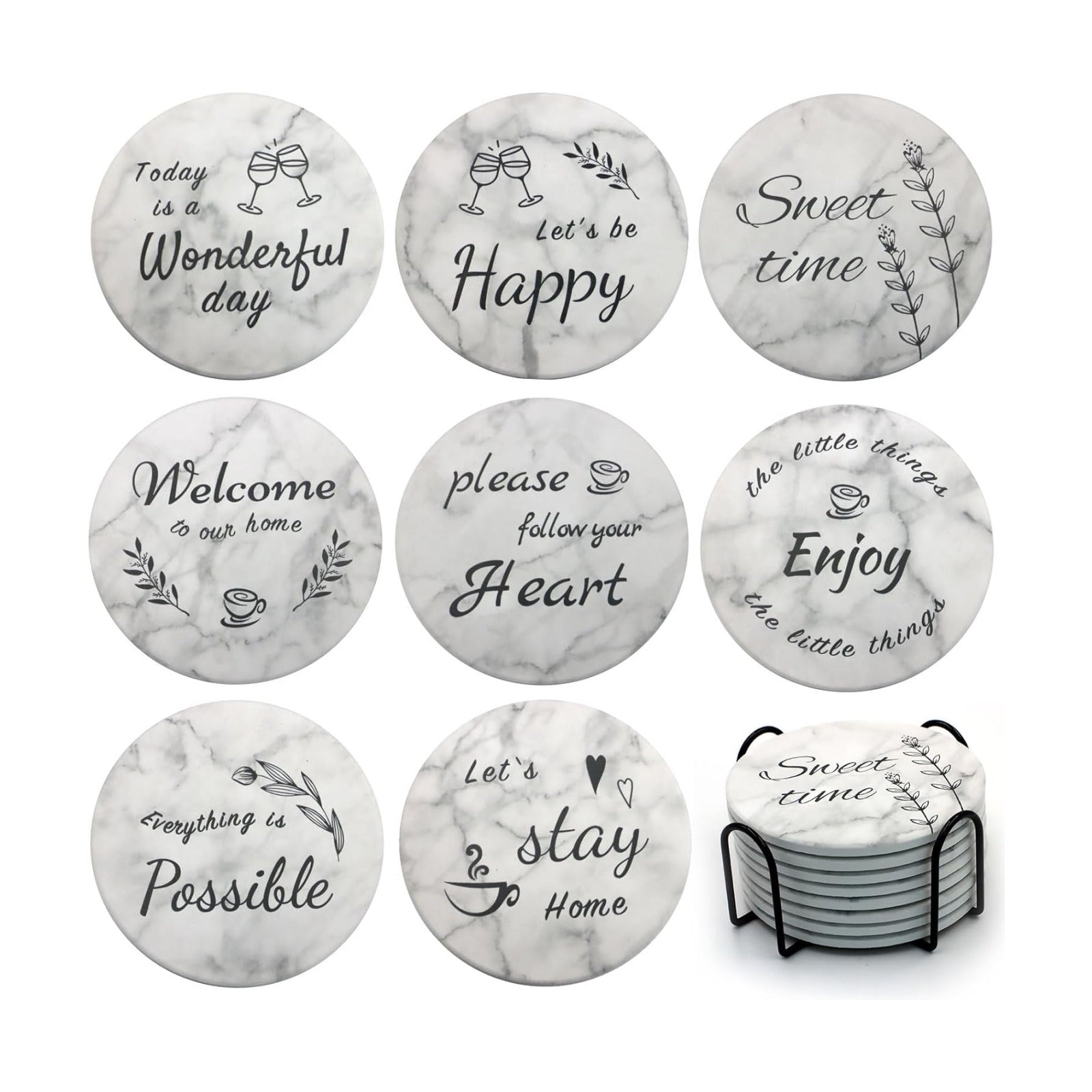Holder / Round Marble Style Absorbent Farmhouse Coaster / Set of 8