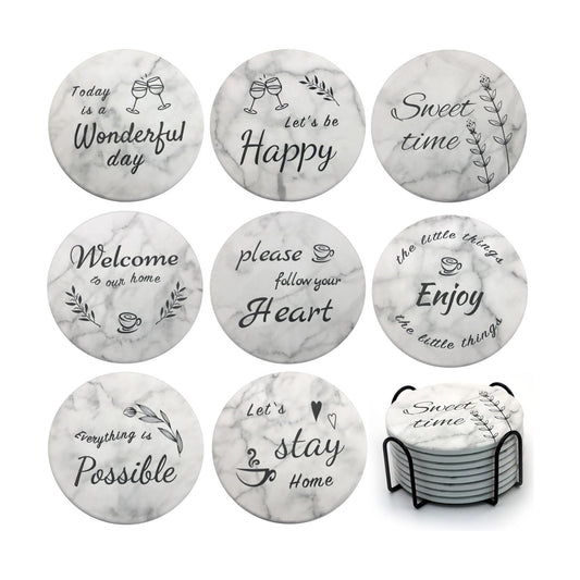 Holder / Round Marble Style Absorbent Farmhouse Coaster / Set of 8