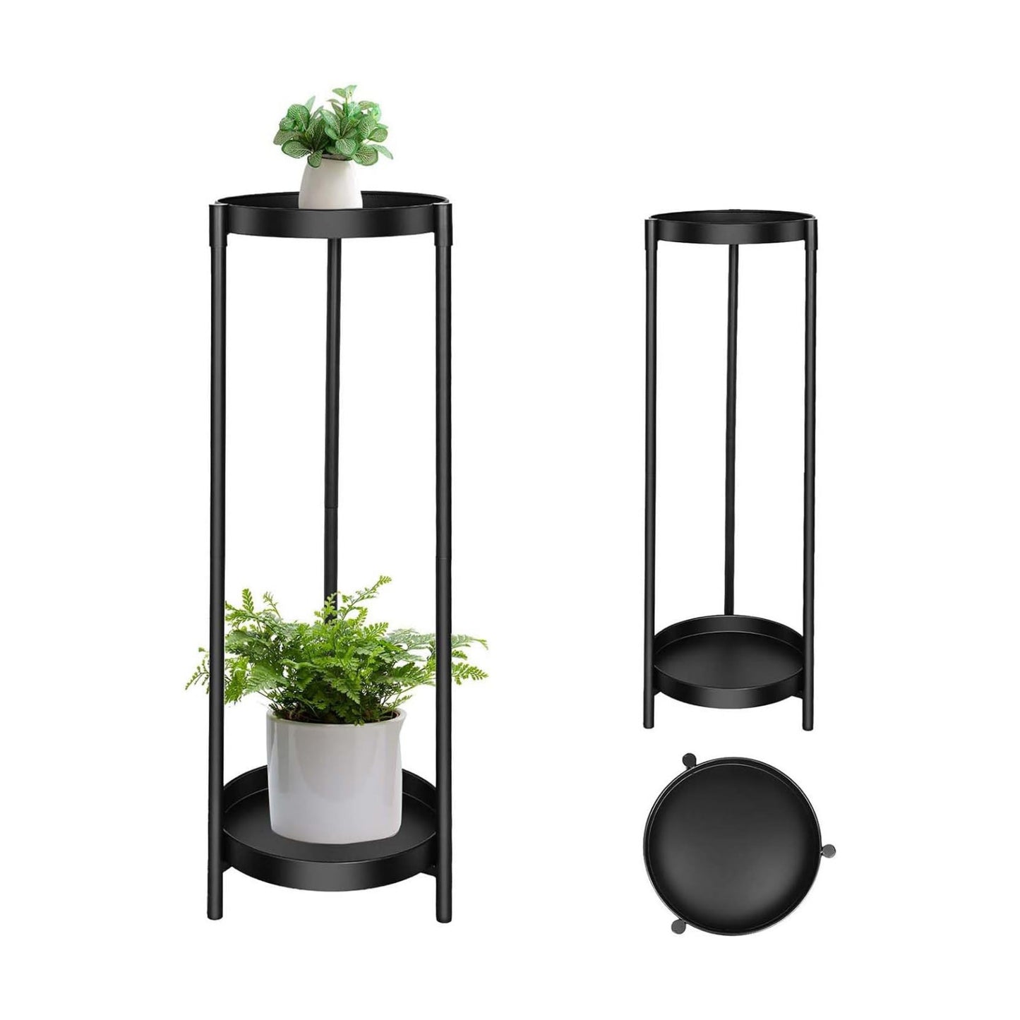 Plant Stand Indoor Outdoor, 2 Tier 24" Tall Black Round Shape Plant Stands | Heavy Duty Metal Plants Shelf, Rustproof