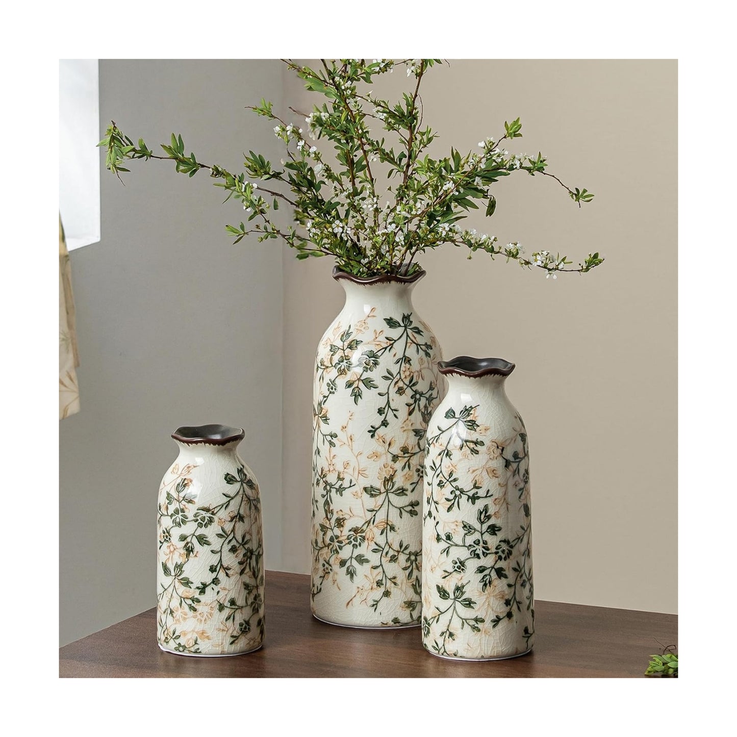 Green Rustic Farmhouse Vase Set / 05-green and Beige / Set of 3