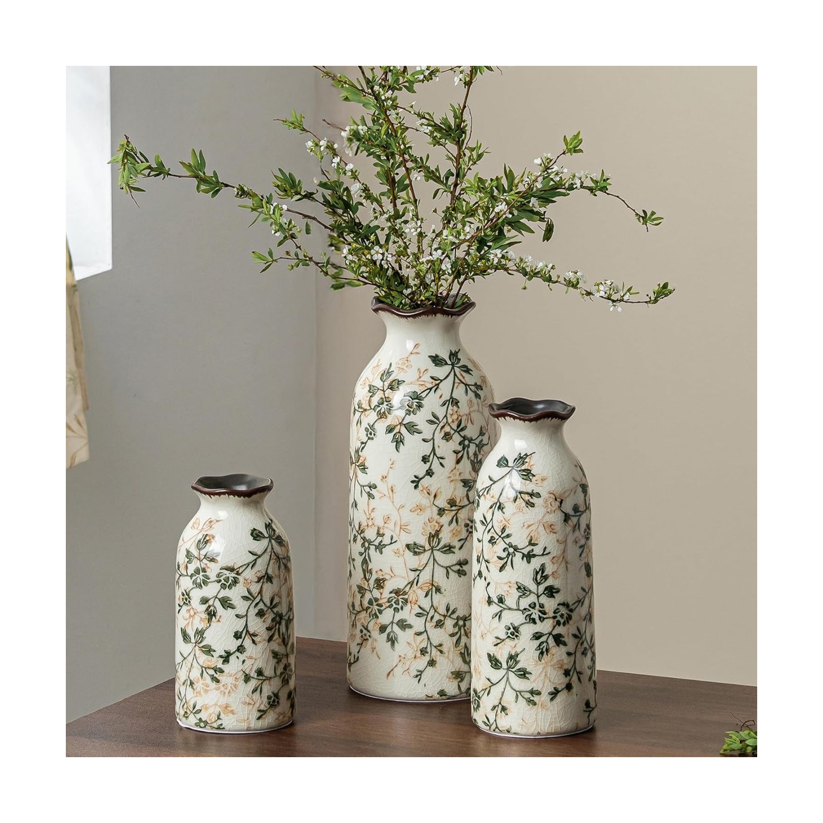 Green Rustic Farmhouse Vase Set / 05-green and Beige / Set of 3