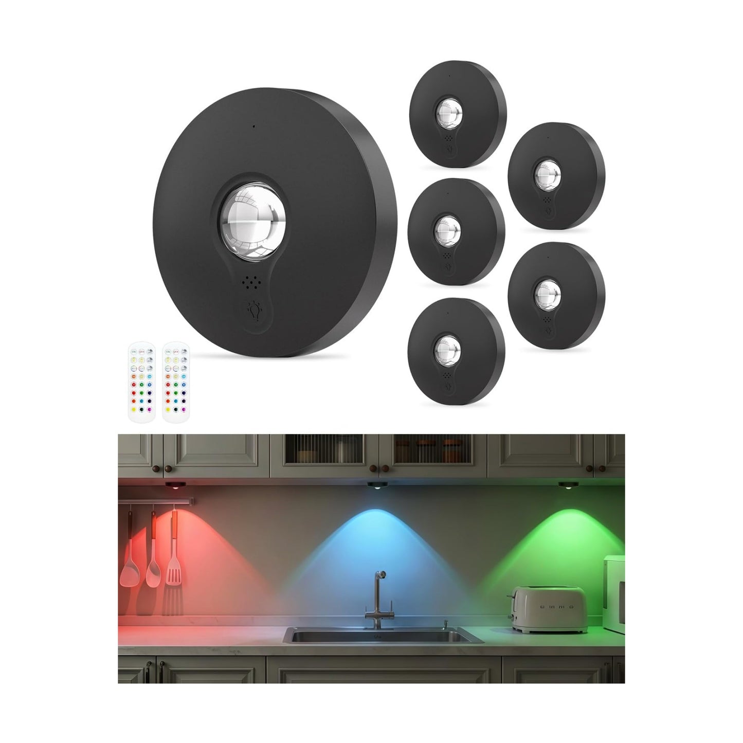 RGB Rechargeable Puck Lights with Remote Control, 1500mAh Battery Operated Tap Lights, Dimmer & Timer Under Cabinet