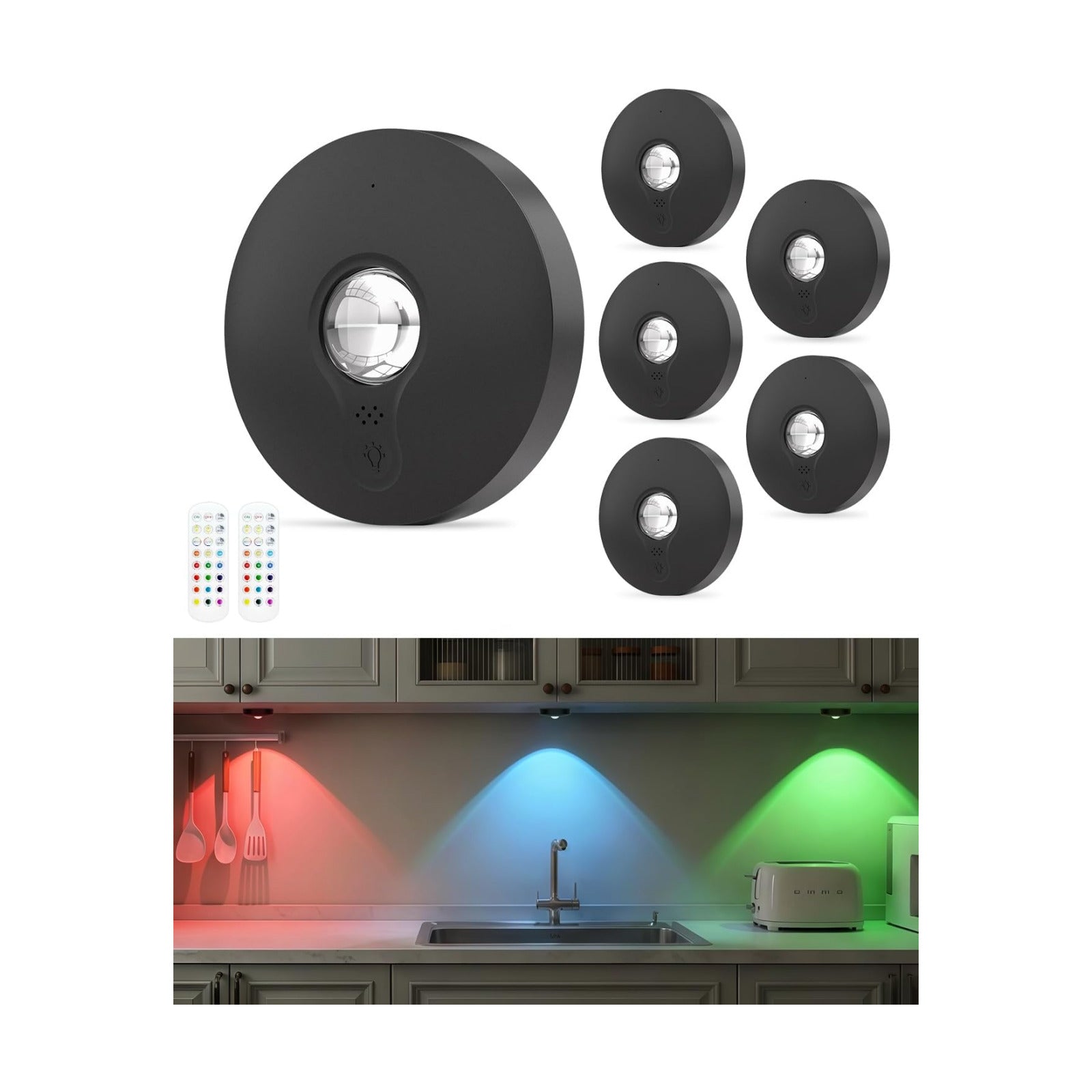RGB Rechargeable Puck Lights with Remote Control, 1500mAh Battery Operated Tap Lights, Dimmer & Timer Under Cabinet