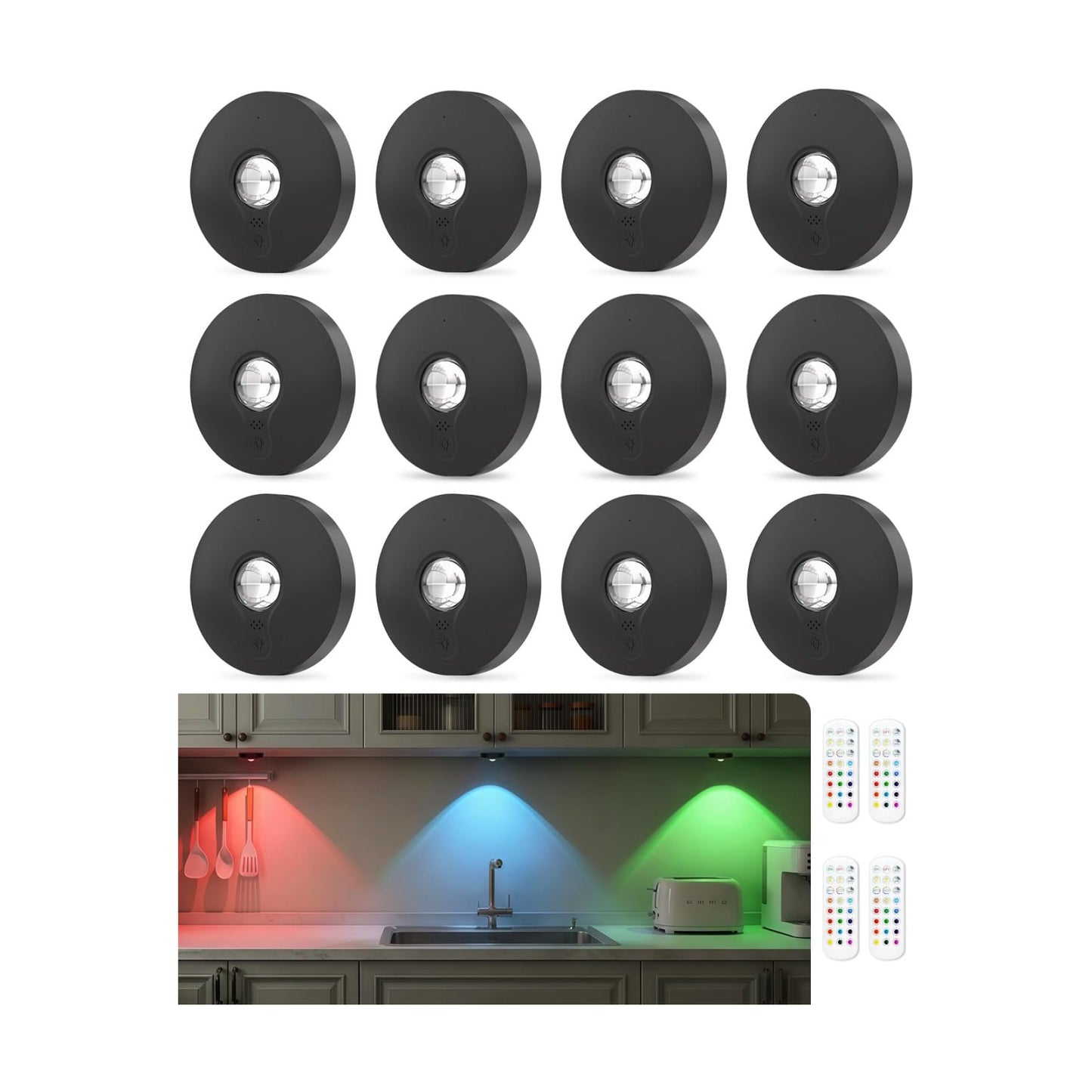 RGB Rechargeable Puck Lights with Remote Control, 1500mAh Battery Operated Tap Lights, Dimmer & Timer Under Cabinet