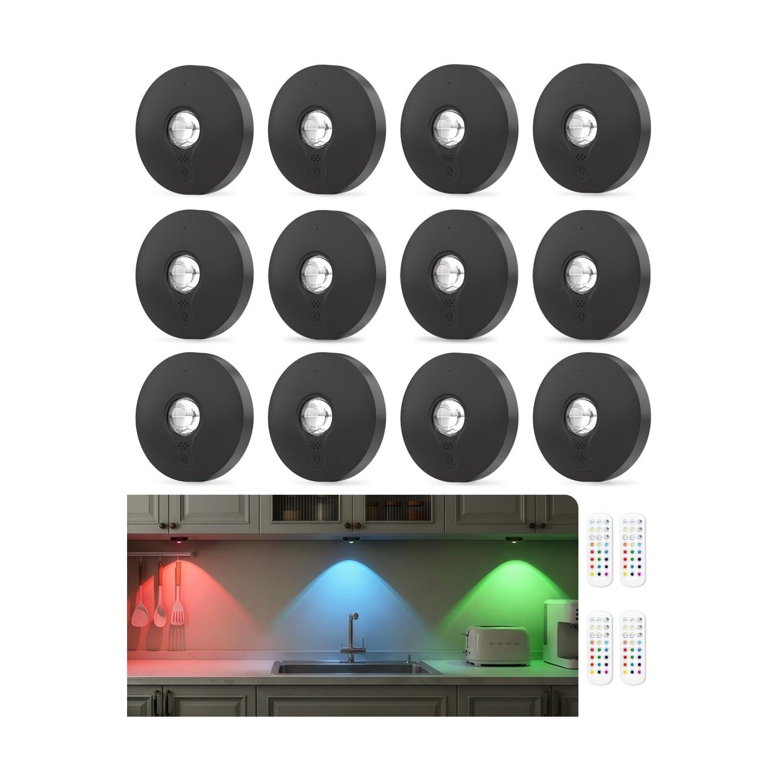 RGB Rechargeable Puck Lights with Remote Control, 1500mAh Battery Operated Tap Lights, Dimmer & Timer Under Cabinet