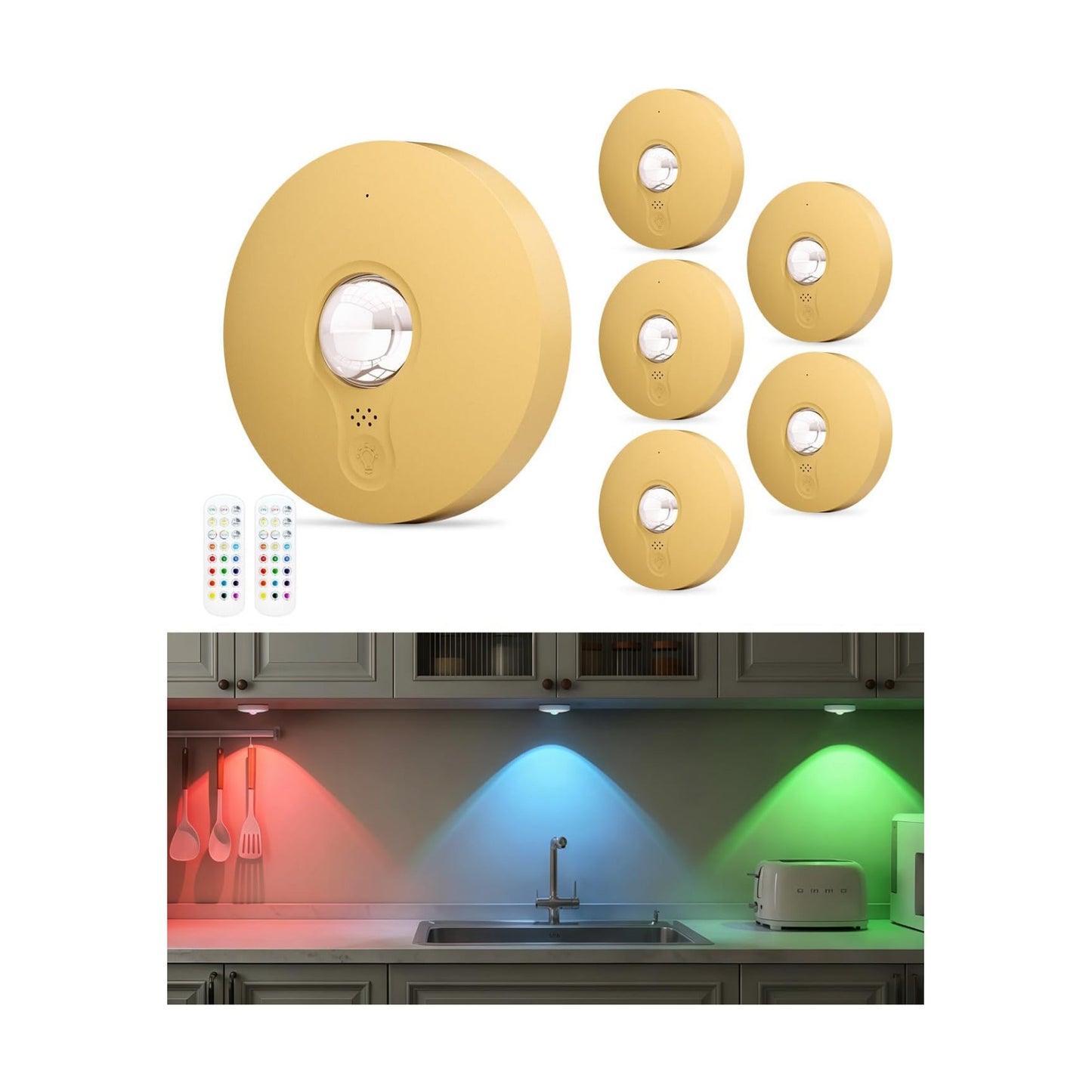 RGB Rechargeable Puck Lights with Remote Control, 1500mAh Battery Operated Tap Lights, Dimmer & Timer Under Cabinet