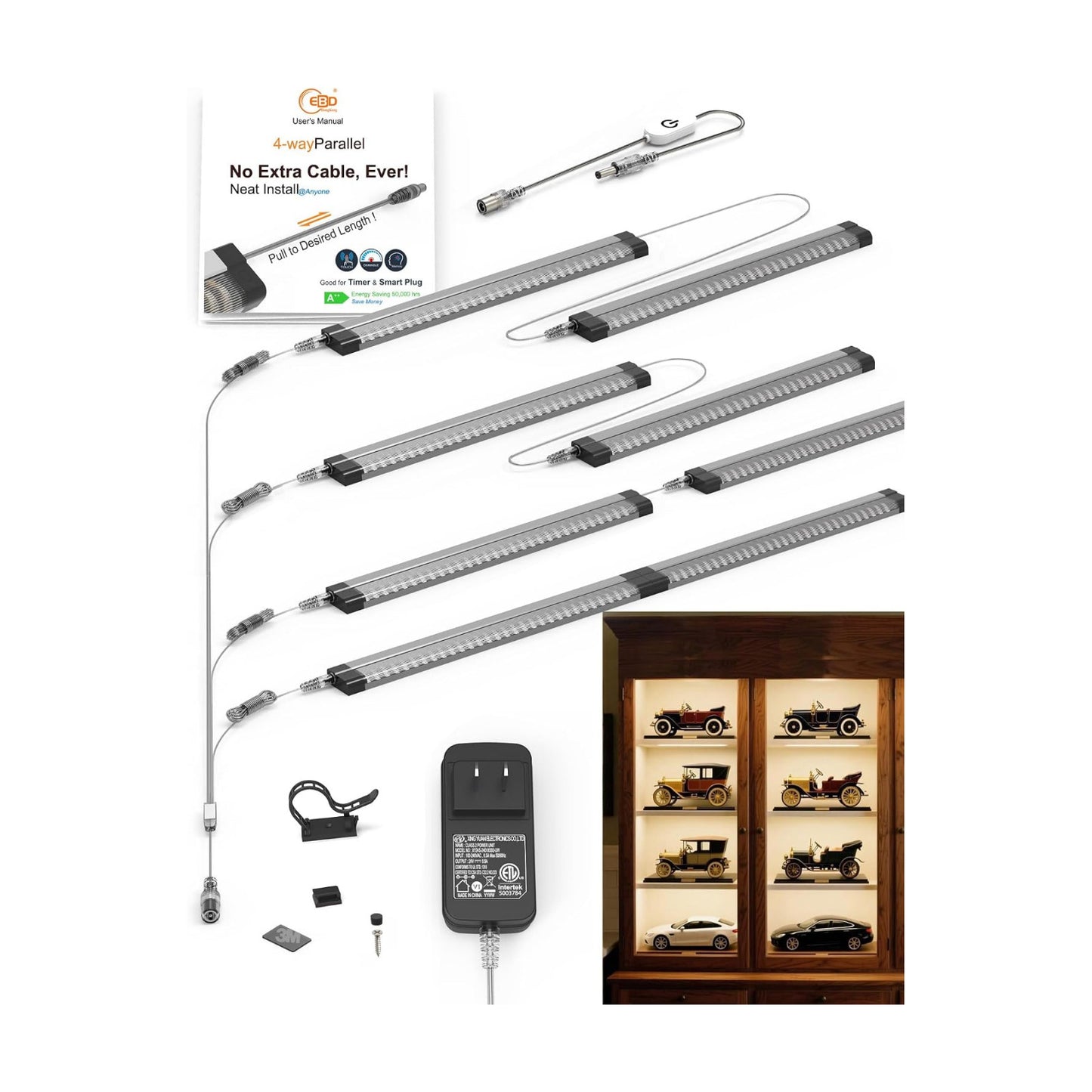 EBD LED Shelf Lights for Bookshelf 4-Way 48” Splitter Parallel Under Cabinet Lighting Built-in Adjustable Cable Kitchen