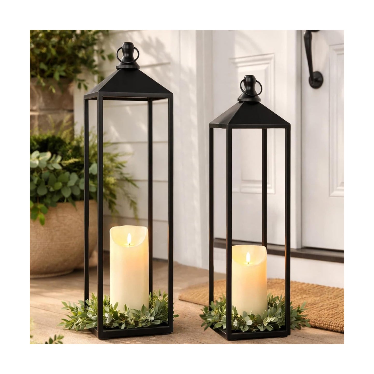 22'' 19'' Large Lanterns Decorative Outdoor Indoor, Set of 2 Candle Lantern | Black Metal Floor Lanterns Decorative for