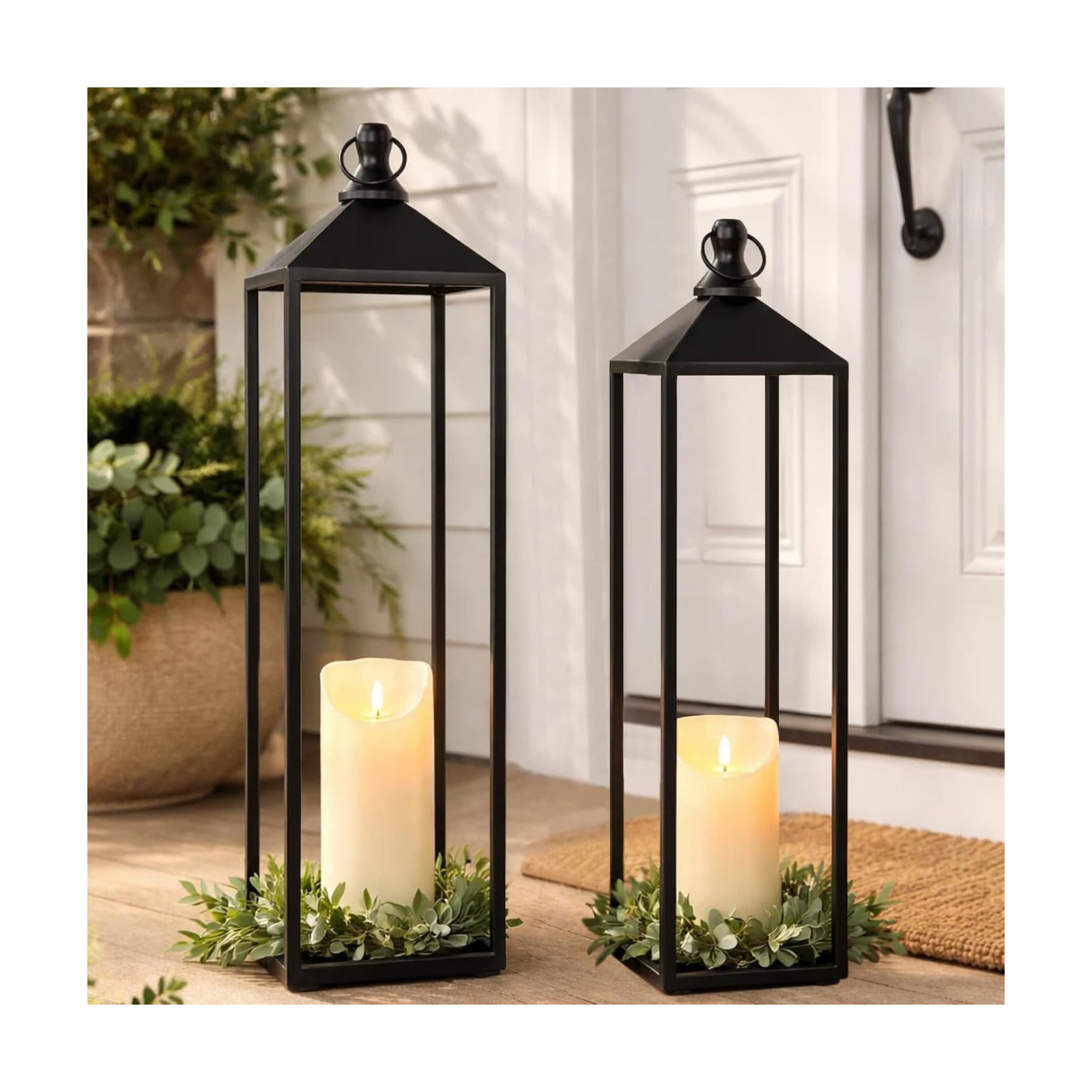 22'' 19'' Large Lanterns Decorative Outdoor Indoor, Set of 2 Candle Lantern | Black Metal Floor Lanterns Decorative for