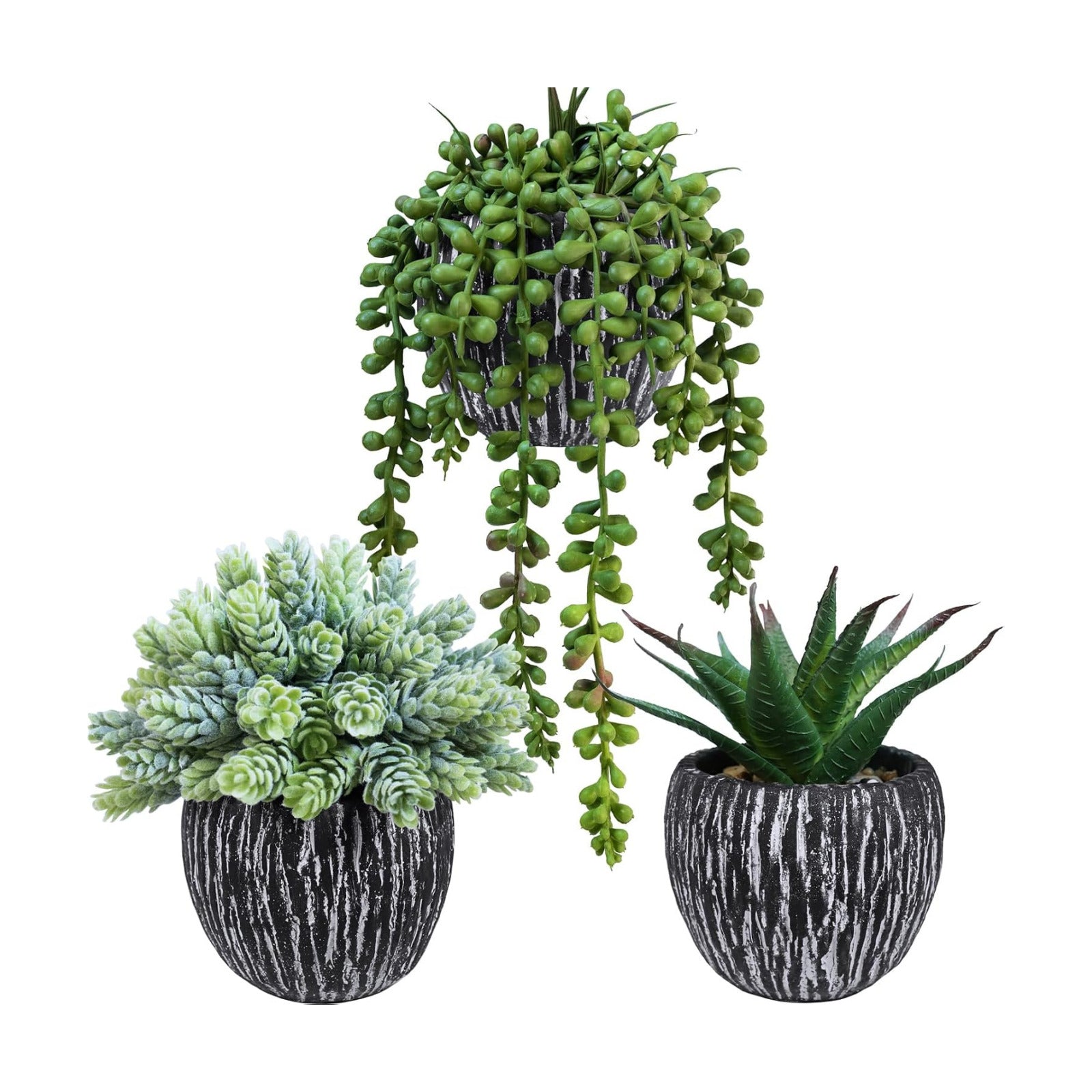 Artificial Succulent Plants in Pots Fake Hops Aloe String of Pearls Potted Plants / Black / Set of 3