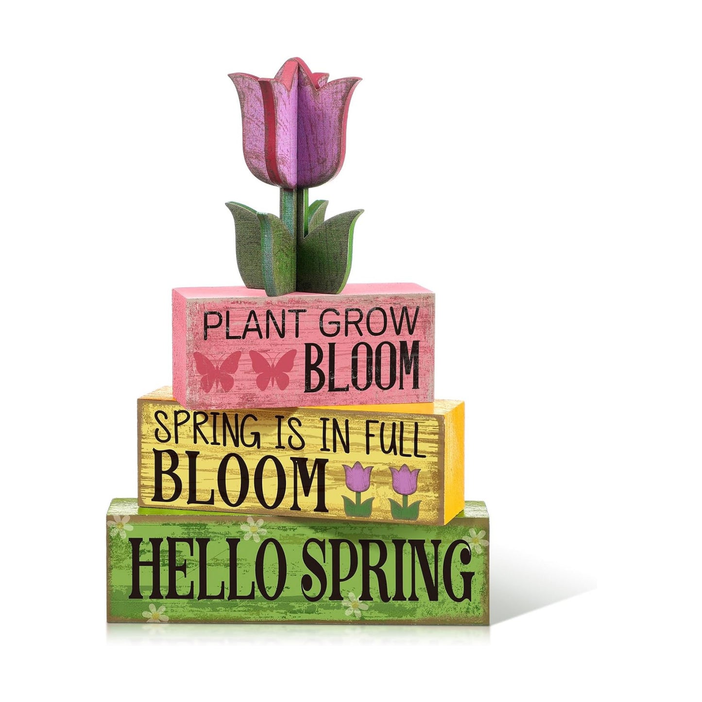 Moucuny 4 Pcs Spring Wood Block Signs Tiered Tray Decor Farmhouse Table