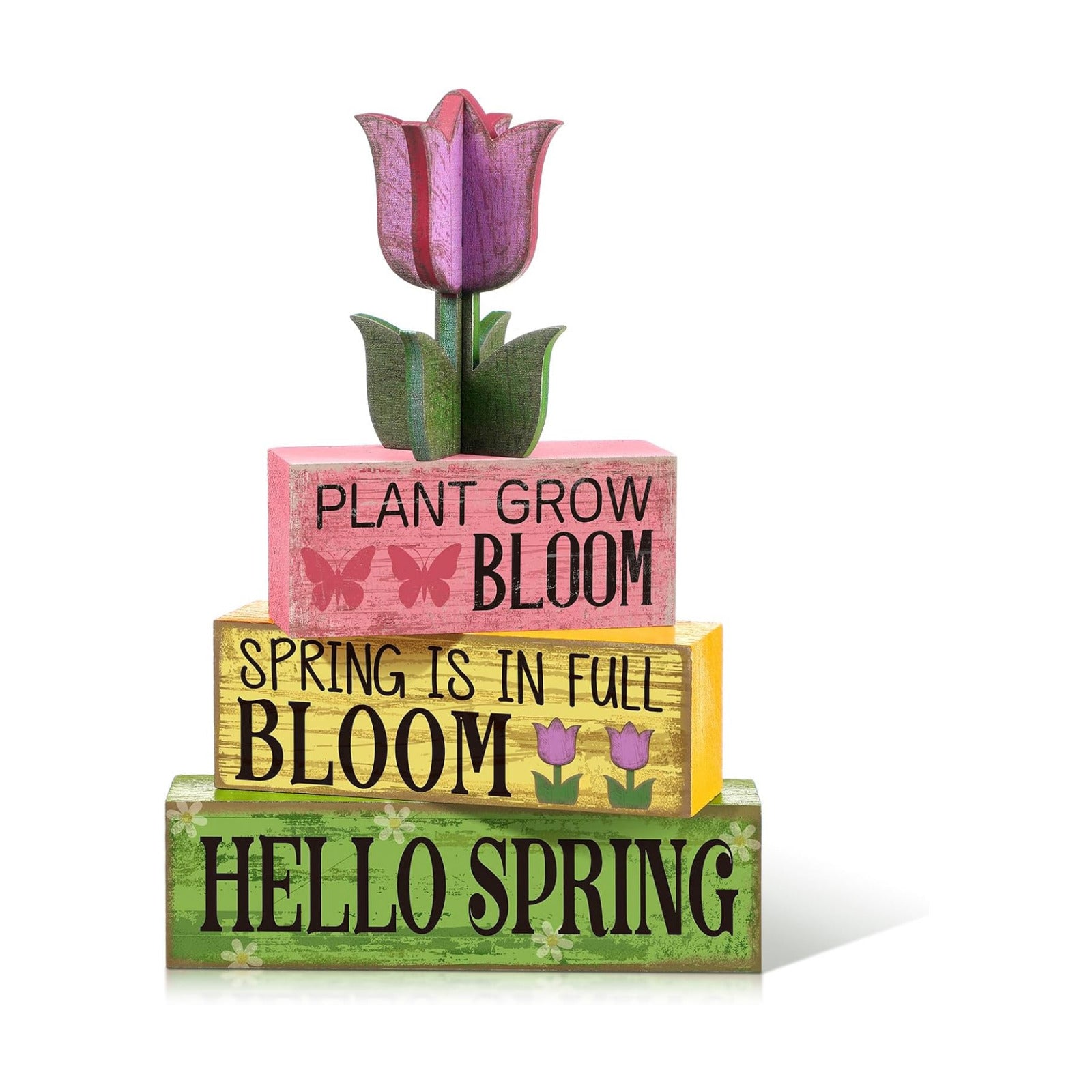 Moucuny 4 Pcs Spring Wood Block Signs Tiered Tray Decor Farmhouse Table