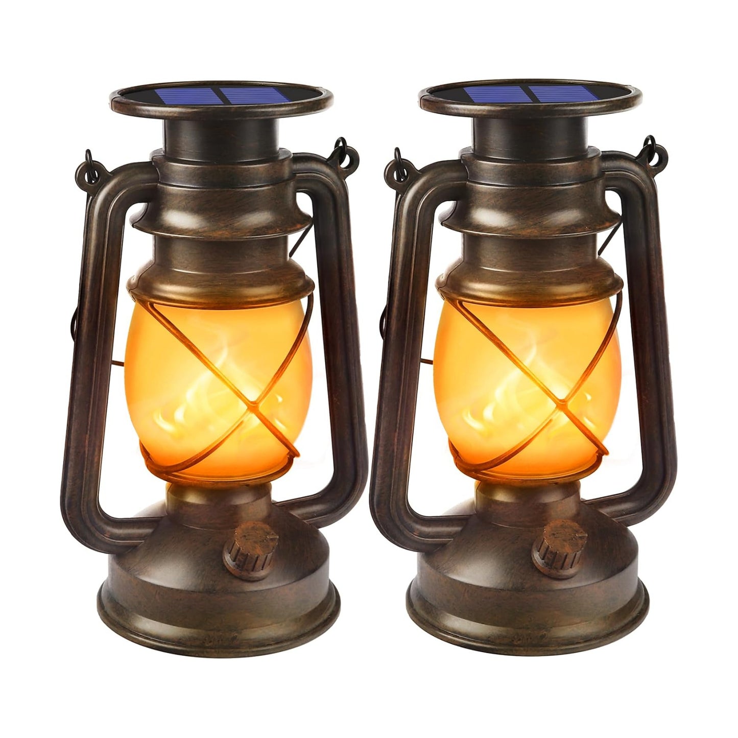 Solar Lanterns Outdoor Waterproof, 2 Pack Bronze Flickering Flame Lights | Vintage LED Hanging Lantern, Outdoor