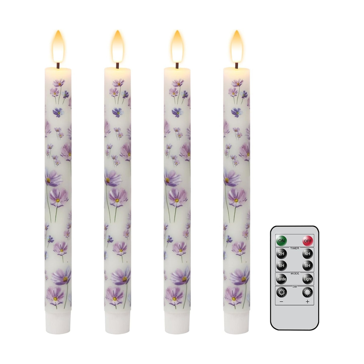 Flameless Taper Candles Flickering with Remote, Purple Floral | LED Taper Candles Flickering, Battery Operated