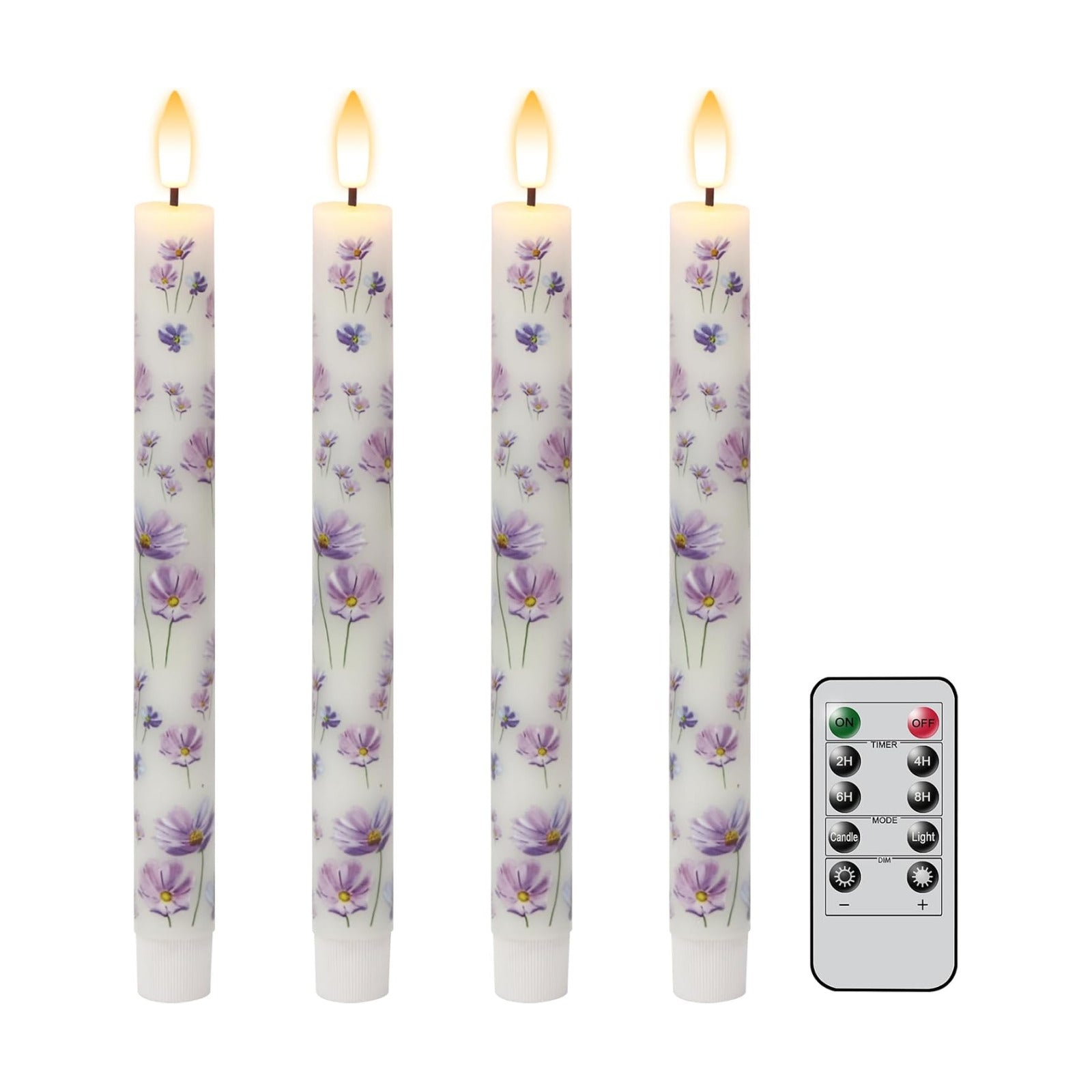 Flameless Taper Candles Flickering with Remote, Purple Floral | LED Taper Candles Flickering, Battery Operated