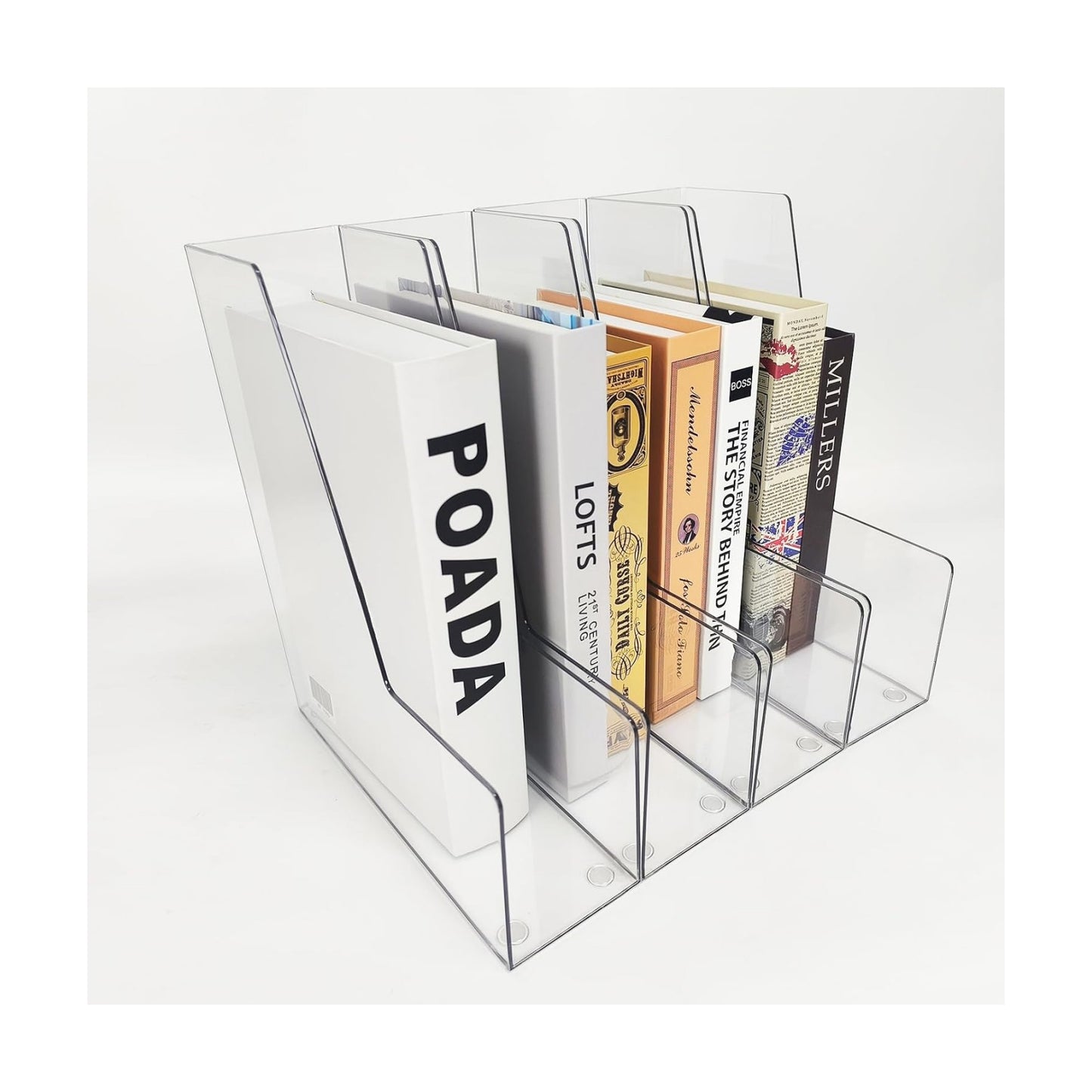 Clear Vertical File Holder, 4 pack, for Home Office | Clear plastic Magazine Organizer, 2-pack. Multi-purpose document