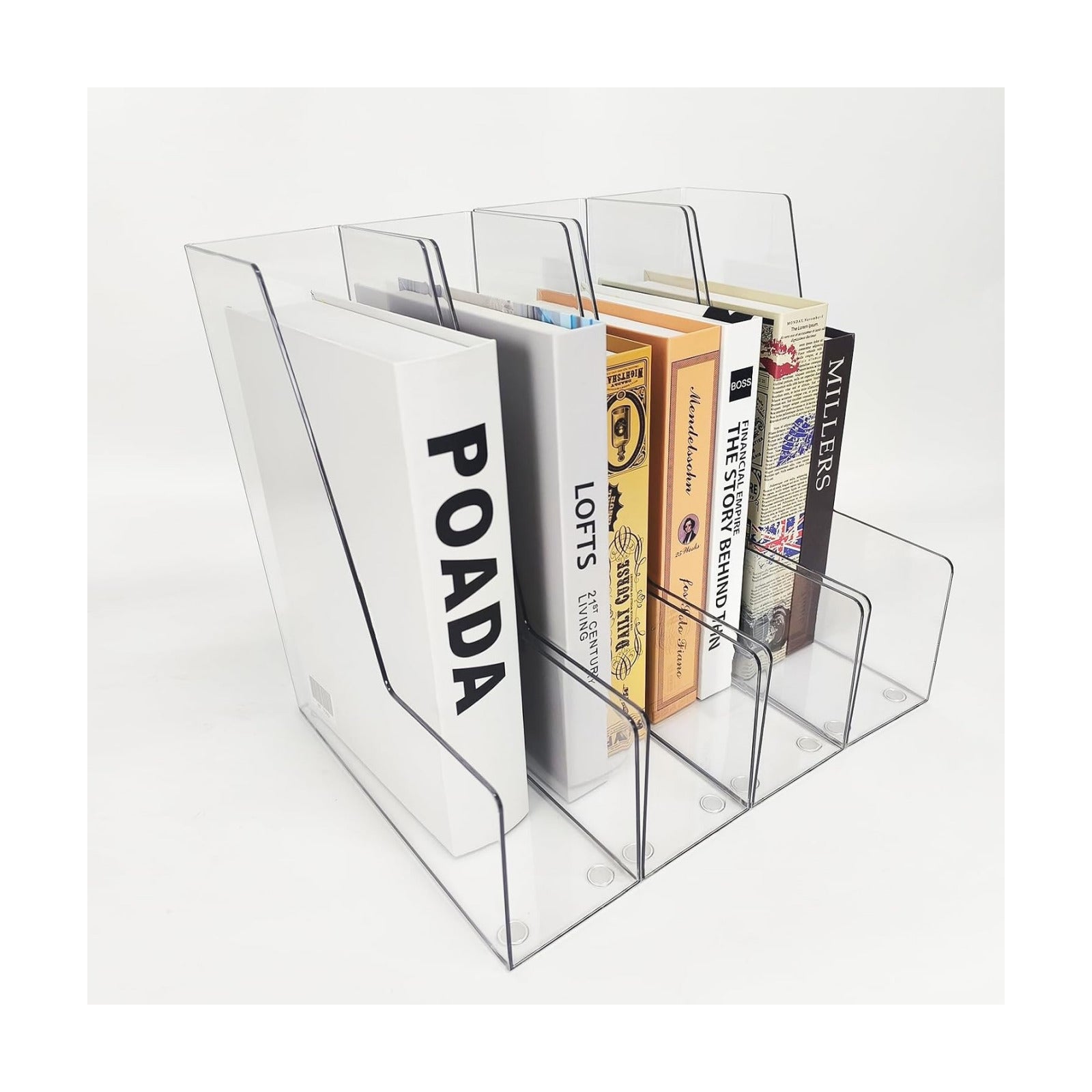 Clear Vertical File Holder, 4 pack, for Home Office | Clear plastic Magazine Organizer, 2-pack. Multi-purpose document
