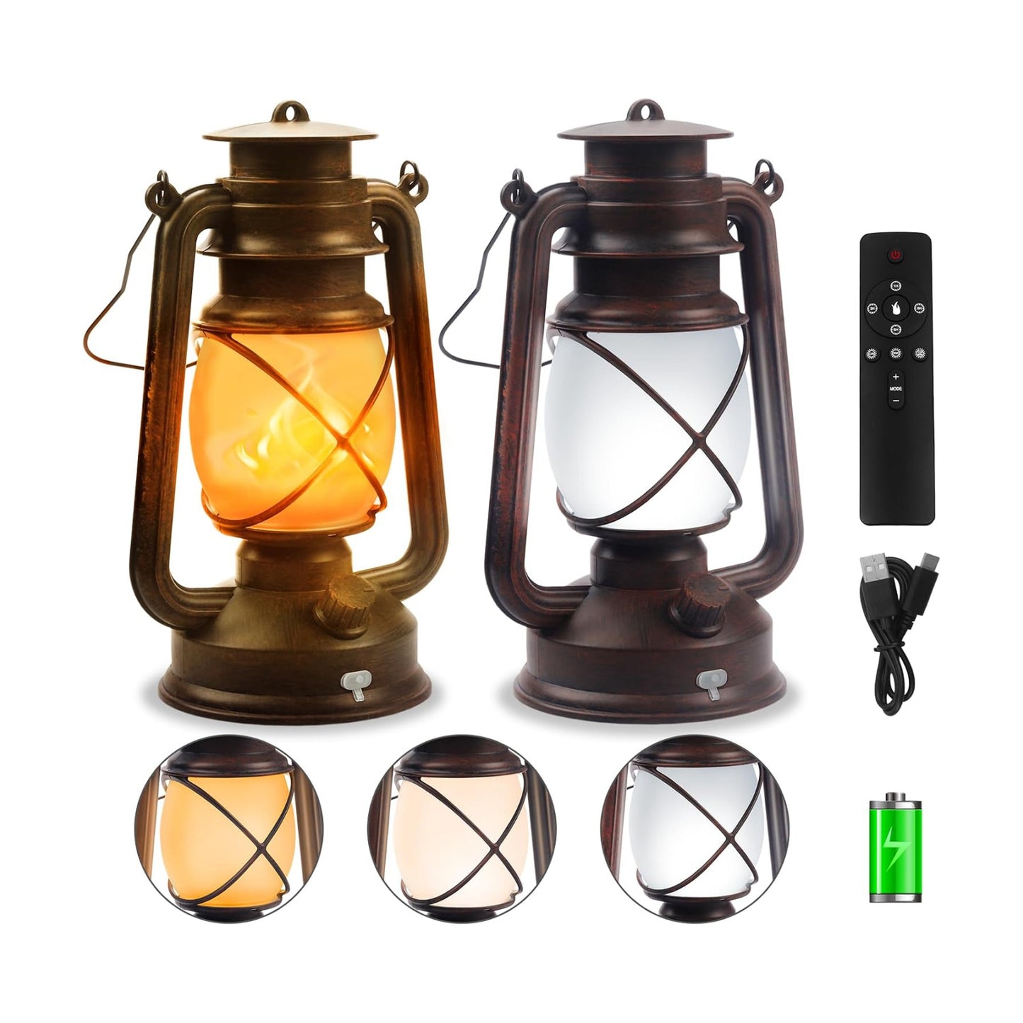 2 Pack Bronze Vintage 4 Modes Rechargeable Lanterns with Remote Control | Waterproof Hanging LED Lights with Flickering