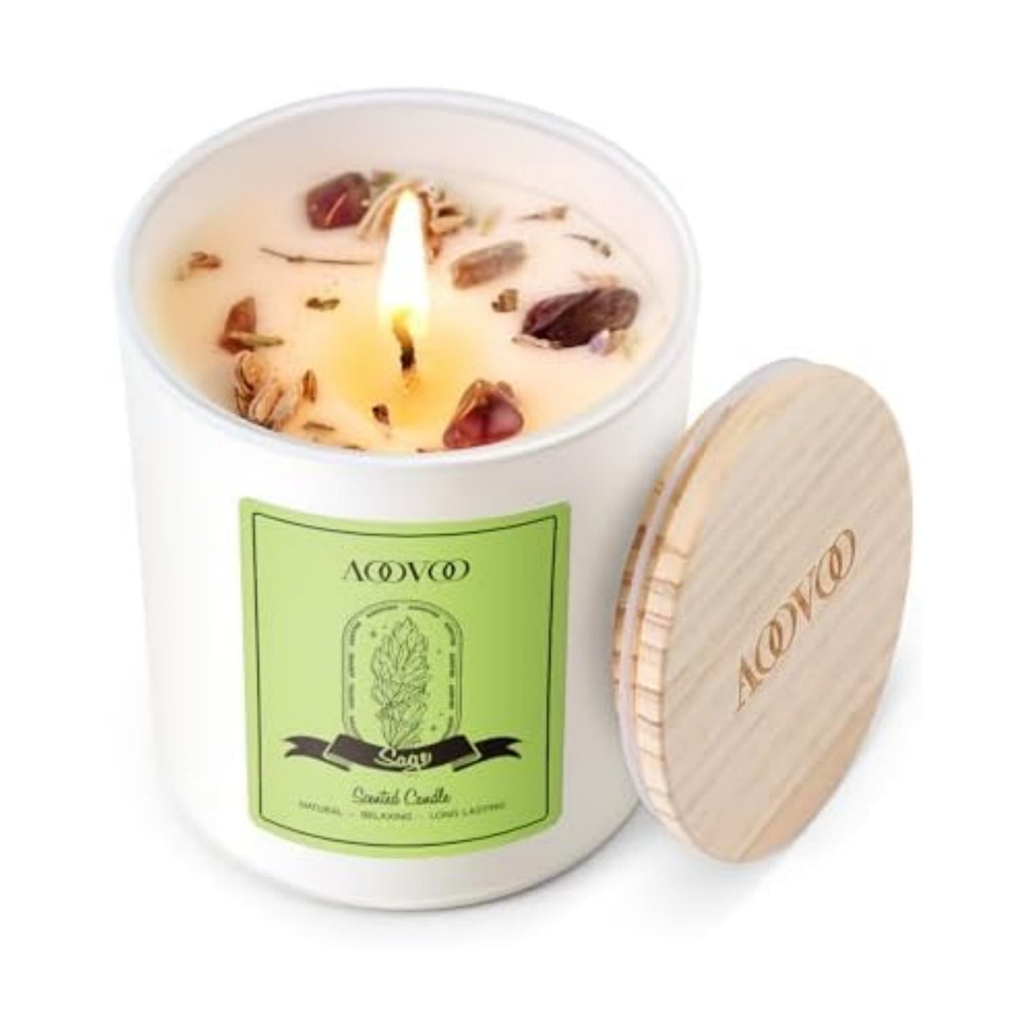 AOOVOO Sage Scented Candles for Women - Aromatherapy Candle with Crystals Inside, 7oz Soy Candles for Home Scented