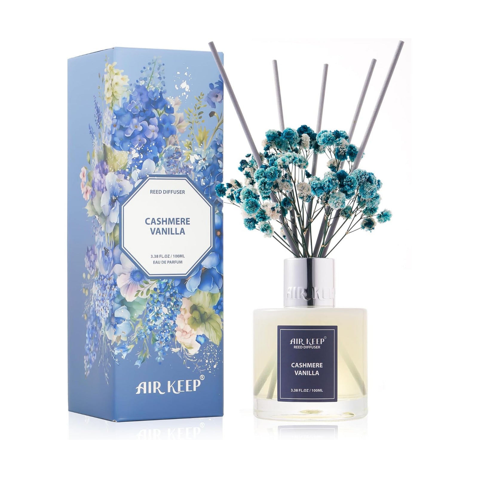 Airkeep Reed Diffuser Set,3.38 fl oz (100 ml) - Cashmere Vanilla Oil Diffusers with 8 Reed Sticks, Home Fragrance Reed