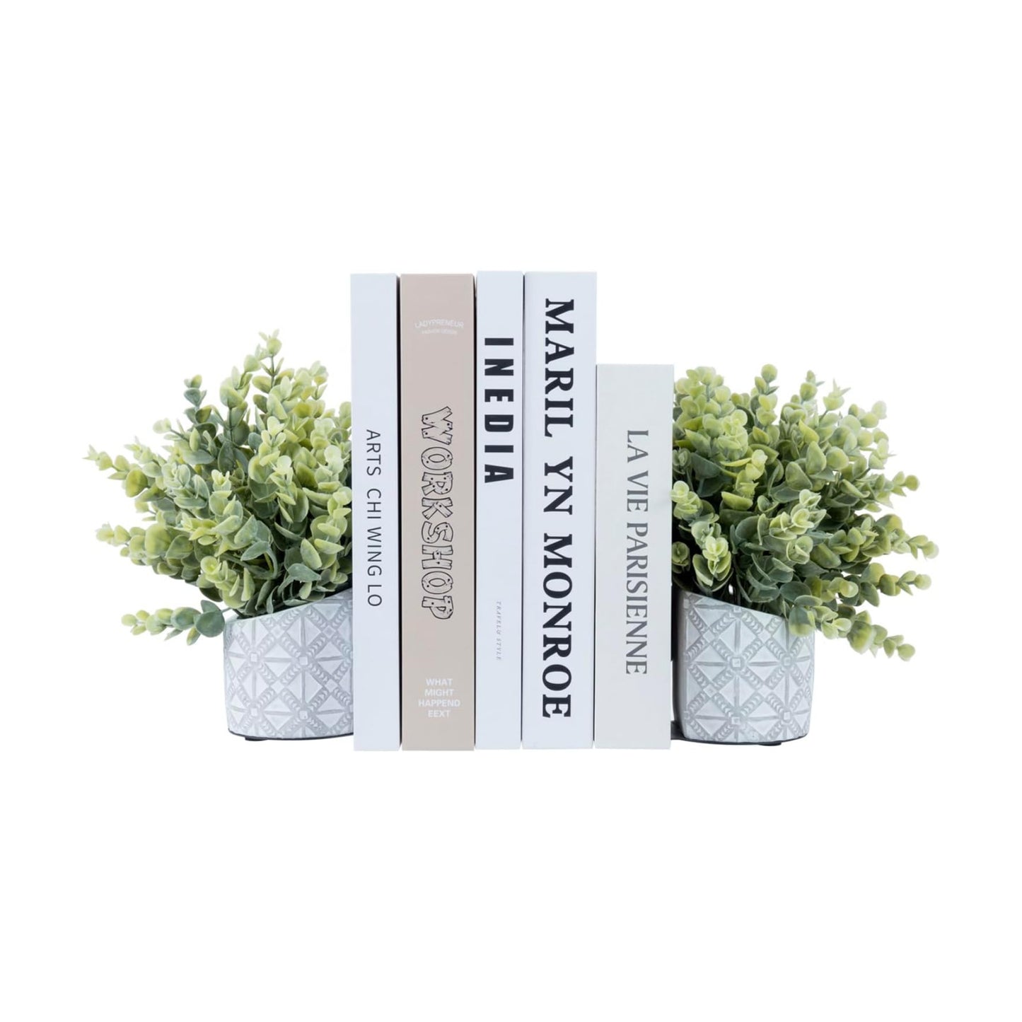 Plant Potted in Modern Geometric Embossed Concrete / Artificial Eucalyptus / Gray