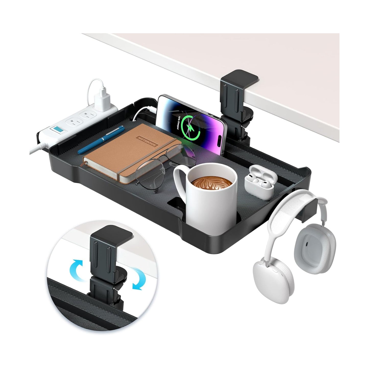 KDD Under Desk Organizer - 360° Rotating Clamp-On Tray with Headphone Hook, Phone & Tablet Holder, Cup Holder, and