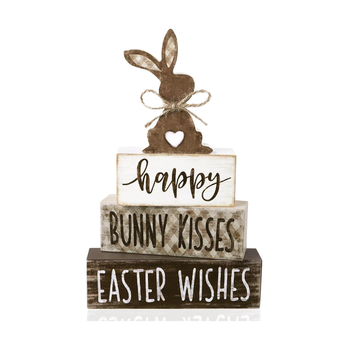 DIYDEC 4Pcs Easter Tabletop Decorations Bunny Wooden Block Signs Gift Rustic Tiered Tray Decor Happy Easter Centerpiece Farmhouse Wood Rabbit Table Sign for Kitchen Home Office Party Decor