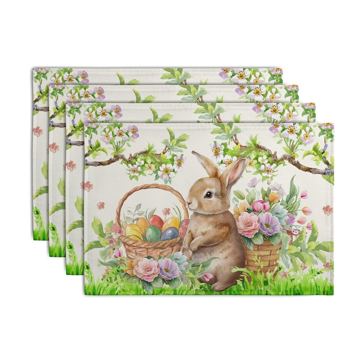 Easter Rabbit Placemats Set of 4 Spring Easter Egg Bunny Flowers Floral Place Mat 12x18 Inch Seasonal Farmhouse Linen Fabric Table Mats for Kitchen Dining Outdoor Indoor Easter Party Decoration