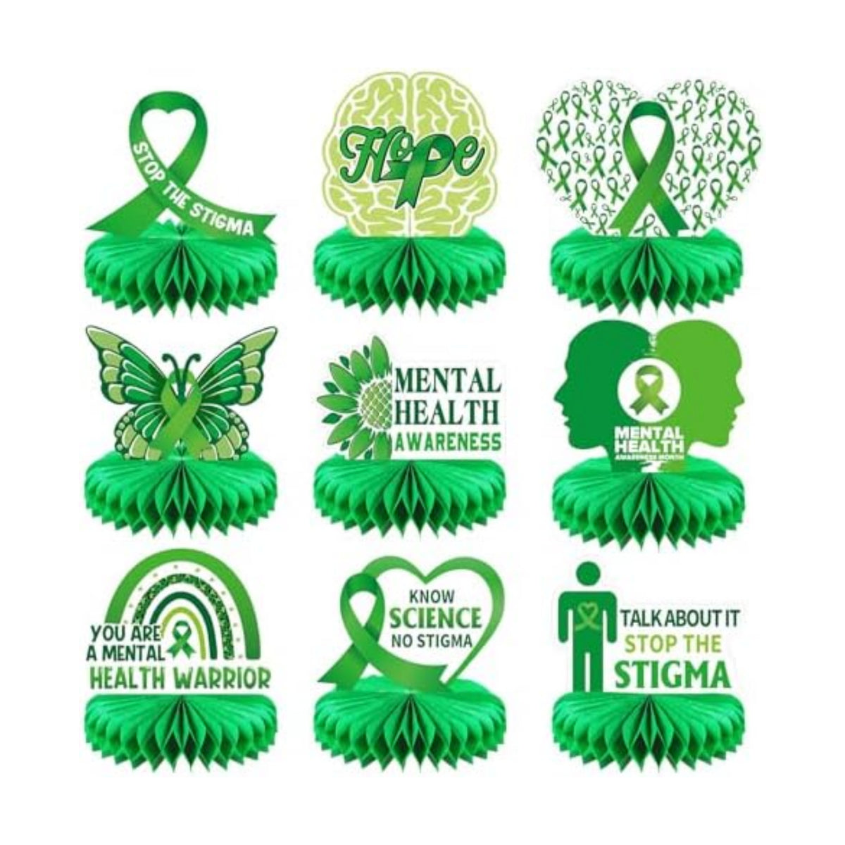 Faccito 9 Pcs Mental Month Honeycomb Centerpieces 3D Mental Health Awareness Month Decorations Green Butterfly Ribbon Brain Table Decorations for Health Therapy Office Home Tabletop Decor