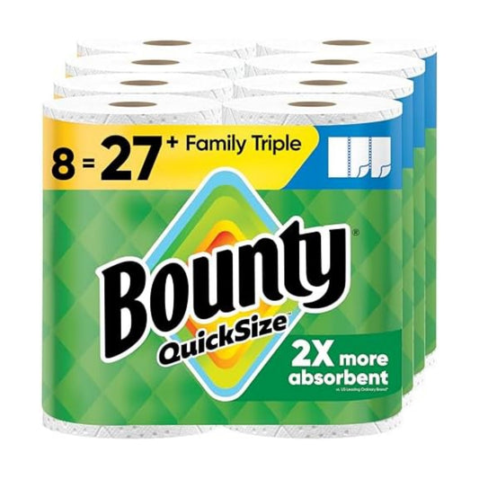 Bounty Quick-Size Paper Towels, White, 8 Family Triple Rolls = 27 Regular Rolls