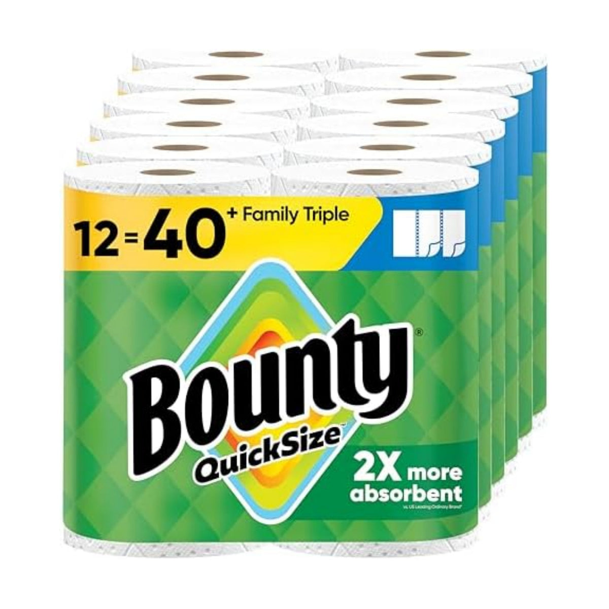 Bounty Quick-Size Paper Towels, White, 12 Family Triple = 40 Regular Rolls
