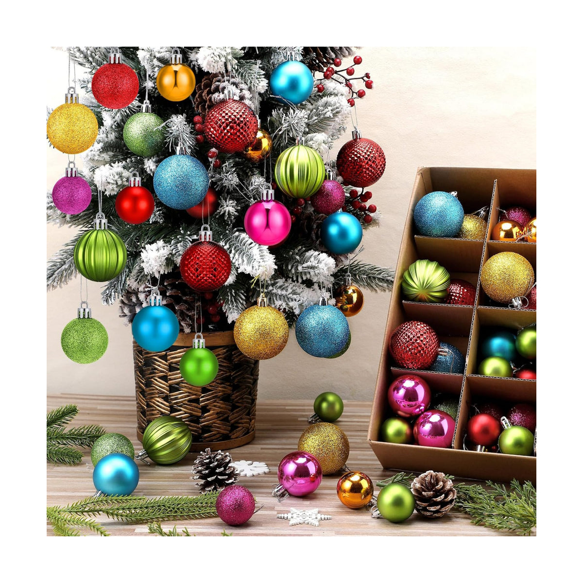 Lunmon 64 Pcs Neon Christmas Ball Ornaments Shiny Bright Multicolor Baubles
