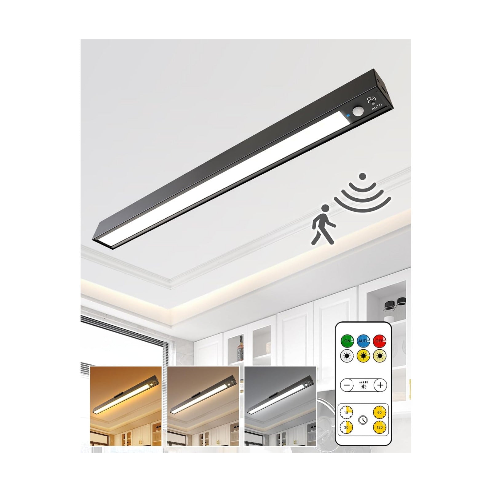 Rechargeable Motion Sensor Ceiling Light, Full Metal Battery Powered LED Closet Light, 3 Color 500LM Dimmable with