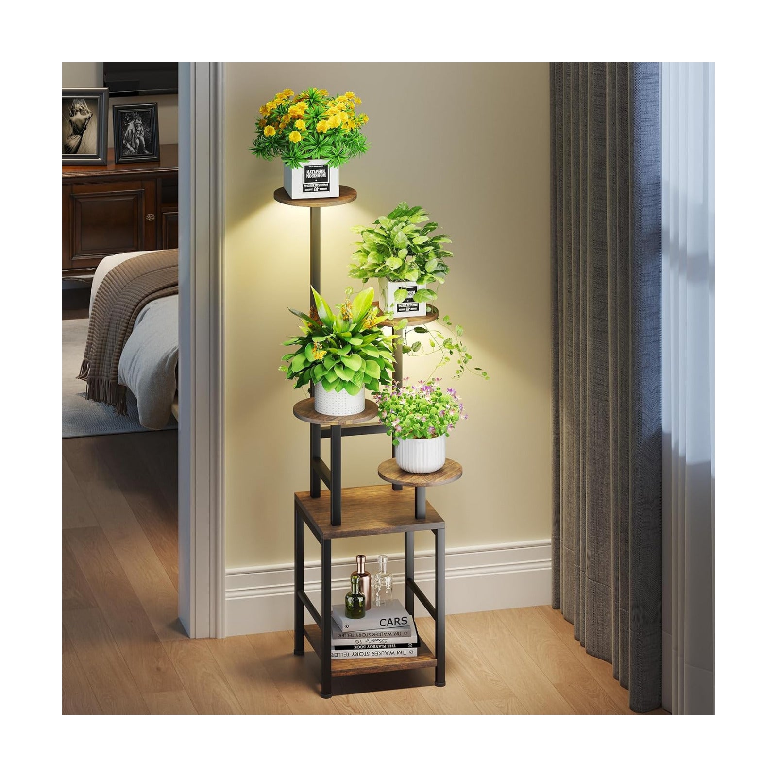 Round Plant Stand Indoor with Grow Light, 5-Tiered Tall Plant Stand Indoor, Metal Plant Shelf with Adjustable Light